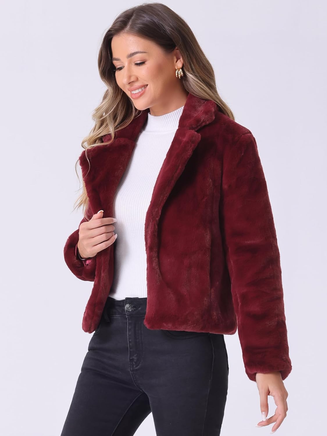 Allegra K Women's Cropped Faux Fur Jacket Lapel Cardigan Shrug 2024 Winter Fluffy Faux Fur Coat - Image 2