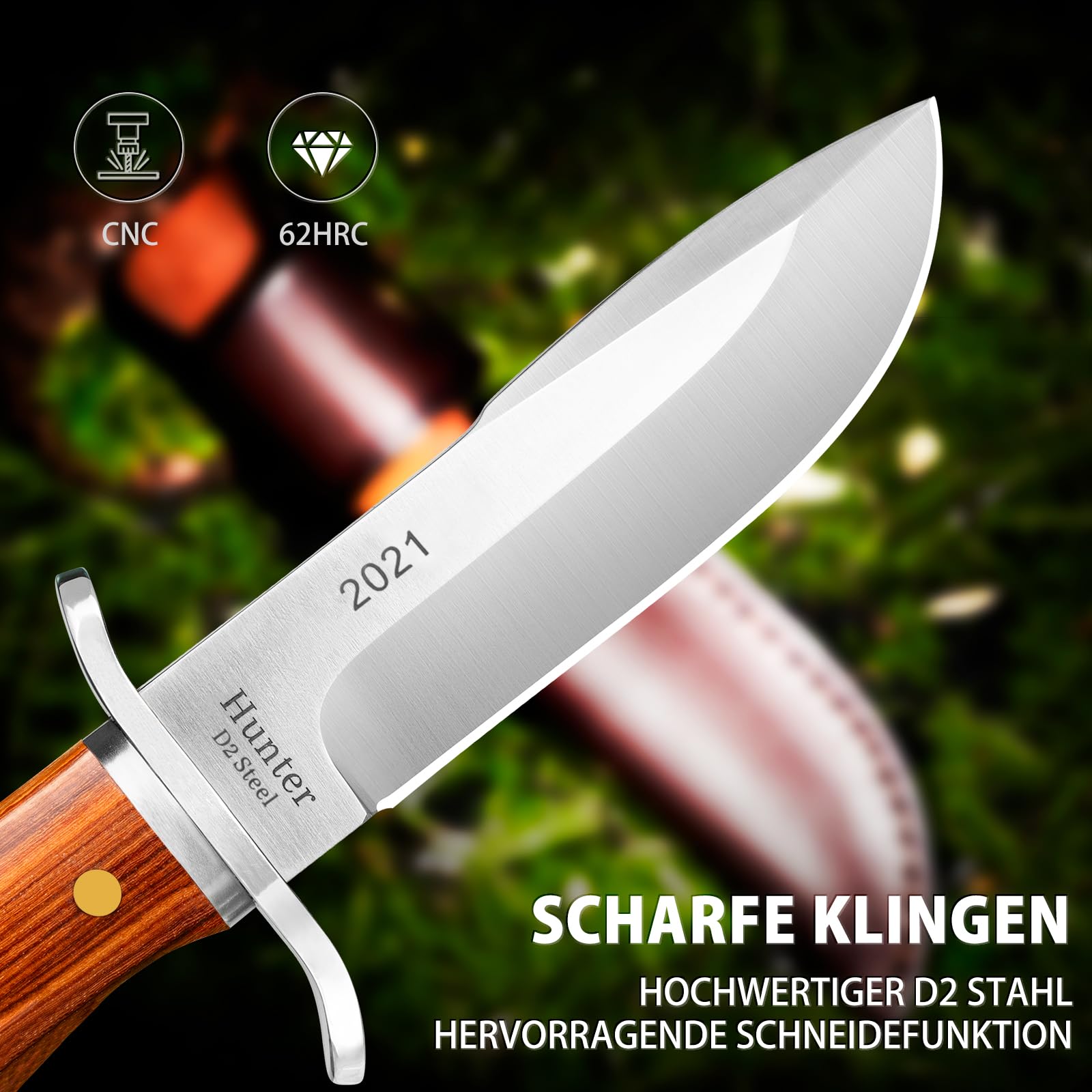 NedFoss Coltello da caccia affilato Hunter, coltello da sopravvivenza per esterni, affilatore D2 con squisita custodia in pelle, manico in legno rosso, 59-60HRC, extra affilato, marrone