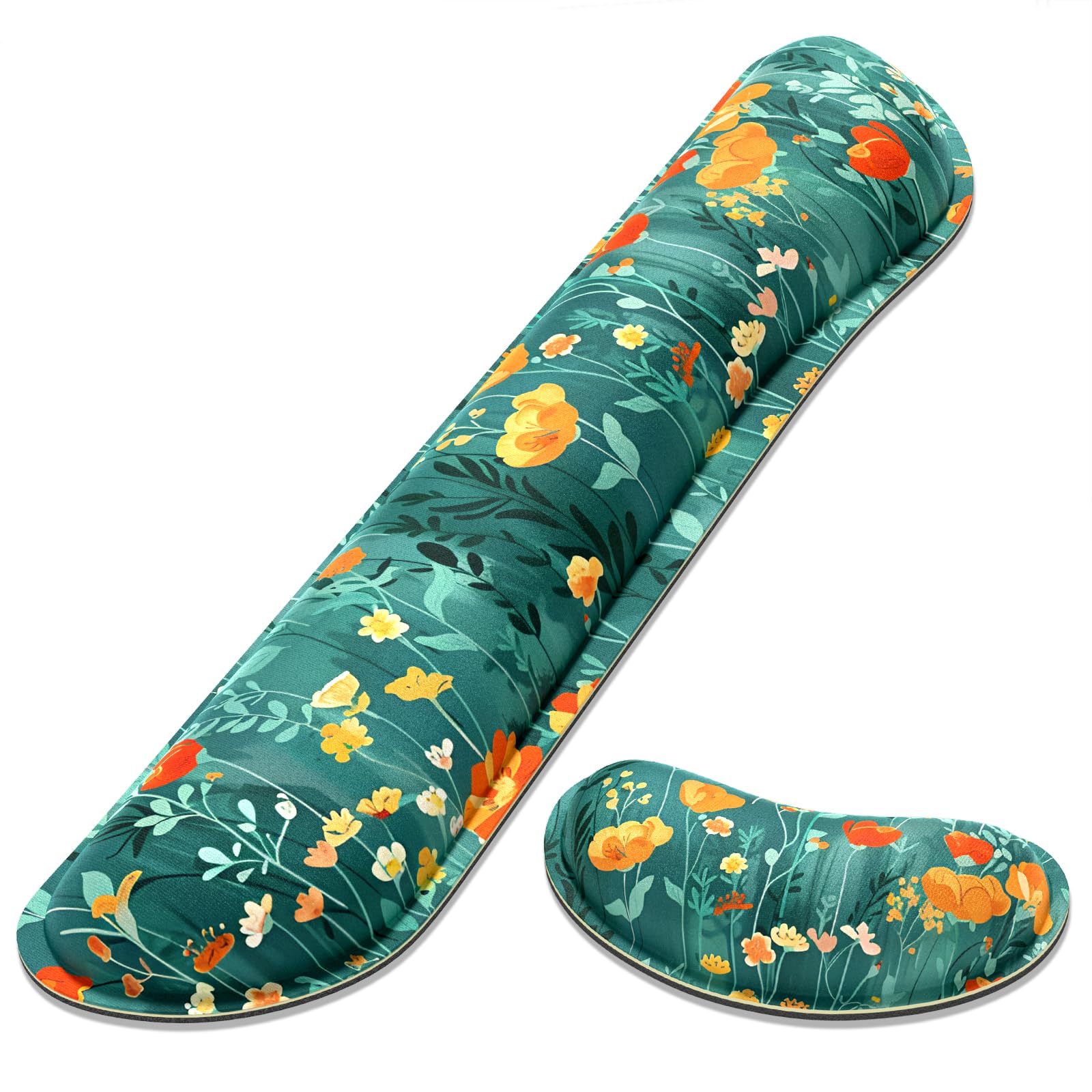 Dapesuom Enlarge Keyboard Wrist Rest Pad Set, Memory Foam Cushion Support for Easy Typing & Pain Relief, Anti-Slip Support for Gaming, Computer, Office, Forest Flowers