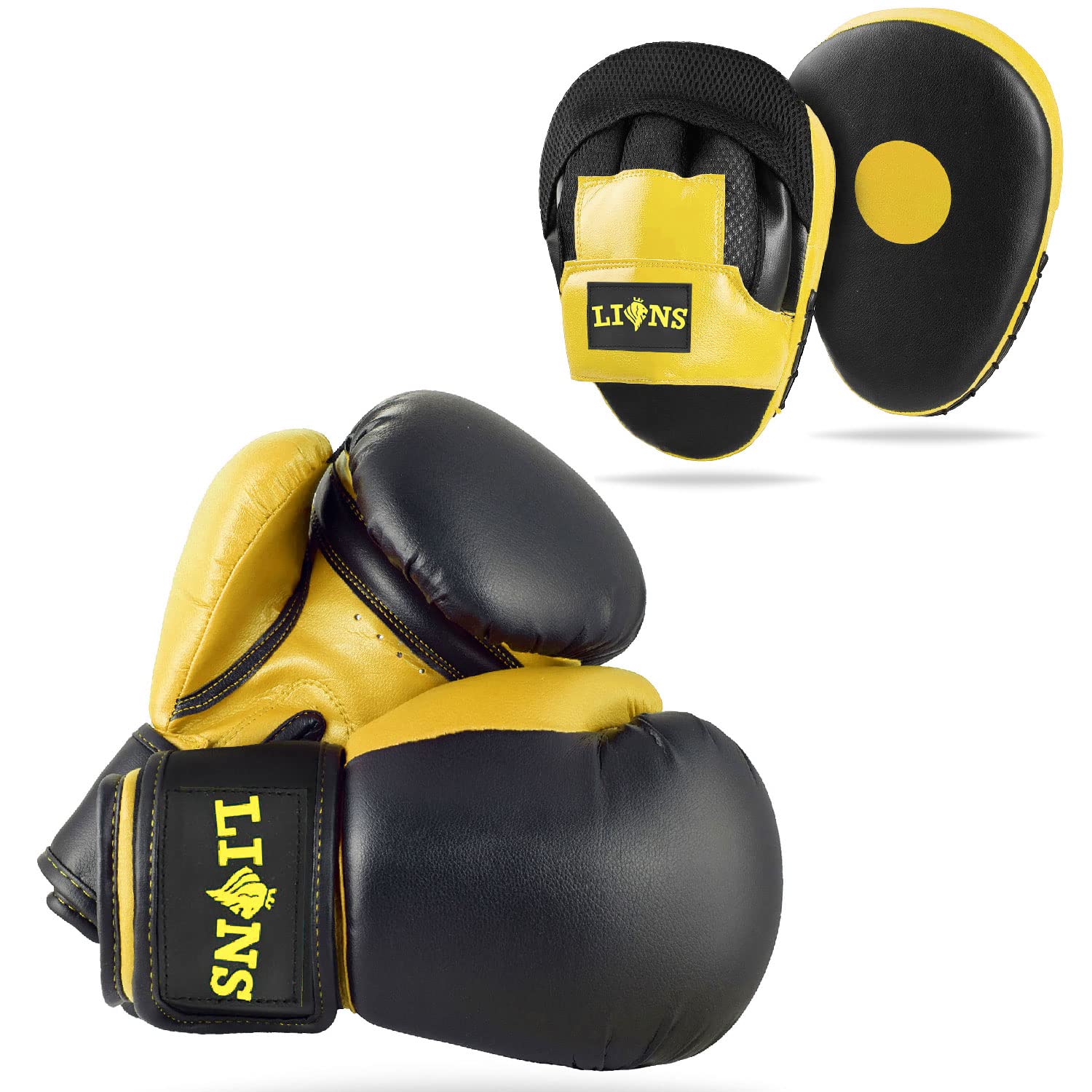 Lions Boys Boxing Gloves and Pads - Set of Sparring Punching Mma Focus Hook & Jab Training Mitts (YELLOW-INJECTION, 6OZ)