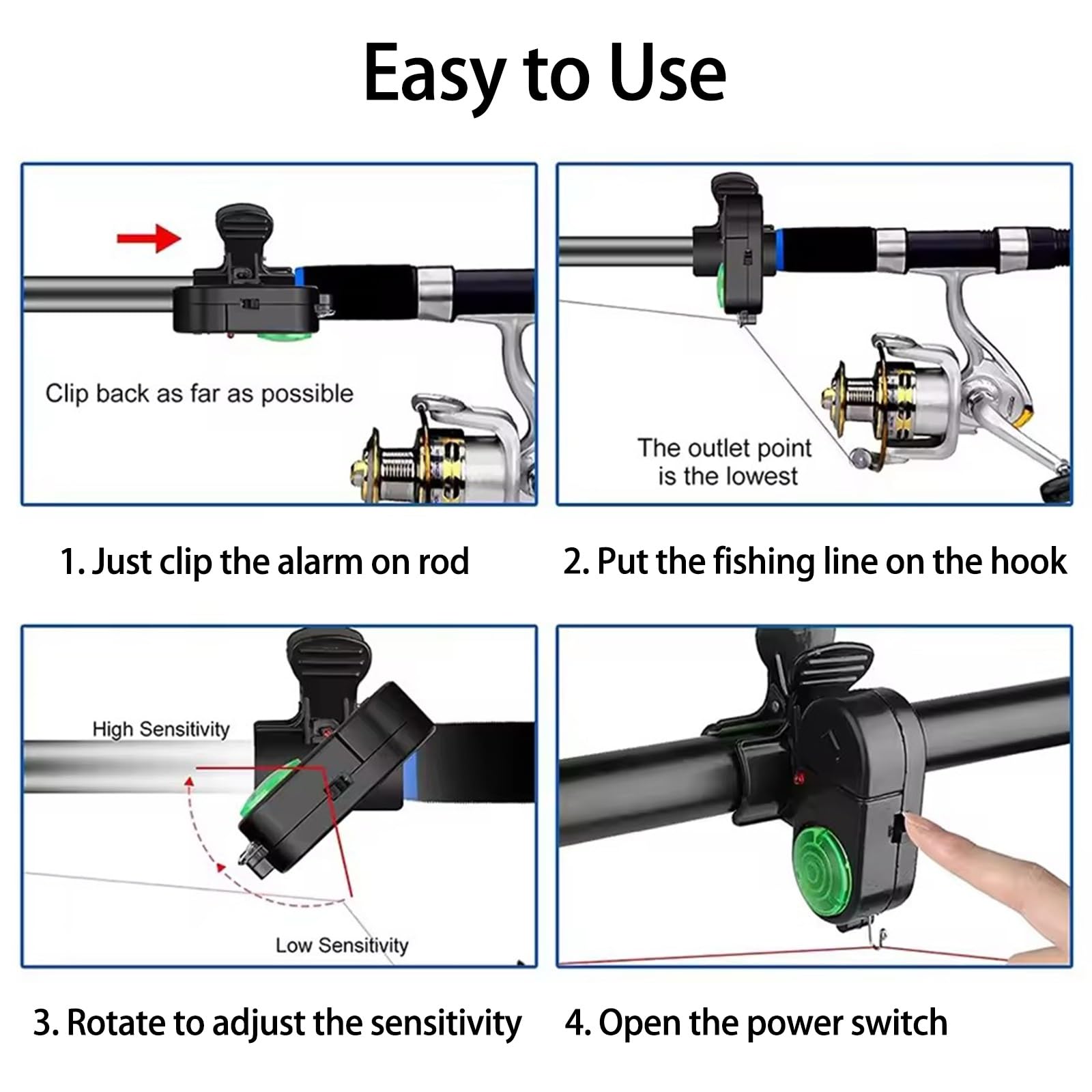 Alarma de Pesca Clip con Luz LED y Sonido, Alarma Caña de Pescar 2025 Electrónica Sensible con Indicador Cañas, Sensores Picadura Portátiles, Campanas Inteligentes(4pack)