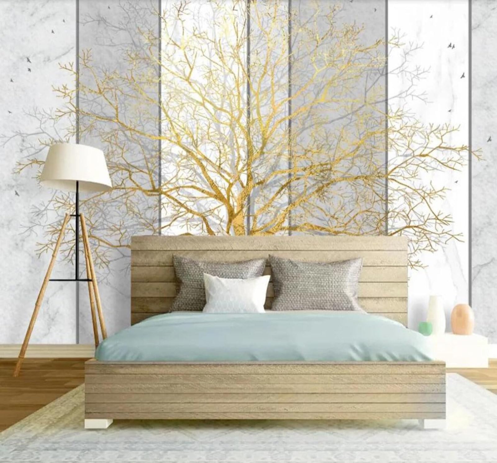 Tzxztt 400Cm×280Cm(B×H) Creative Gold Leaf Golden Tree Marble Wooden Floor Modern 3D Wallpaper Premium Textured Silk Neutral Tones Material Ideal For Living Room Bedroom-400Cm×280Cm