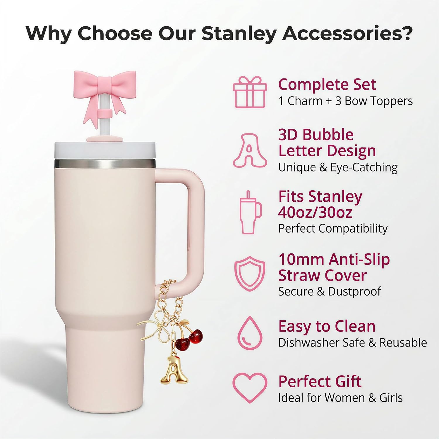 Compatible with Stanley Cup Accessories Set, Cute Cherry Initial Letter Charm and 3 Pcs 0.4in Silicone Bow Straw Toppers for Stanley Cups 40/30oz Tumbler with Handle