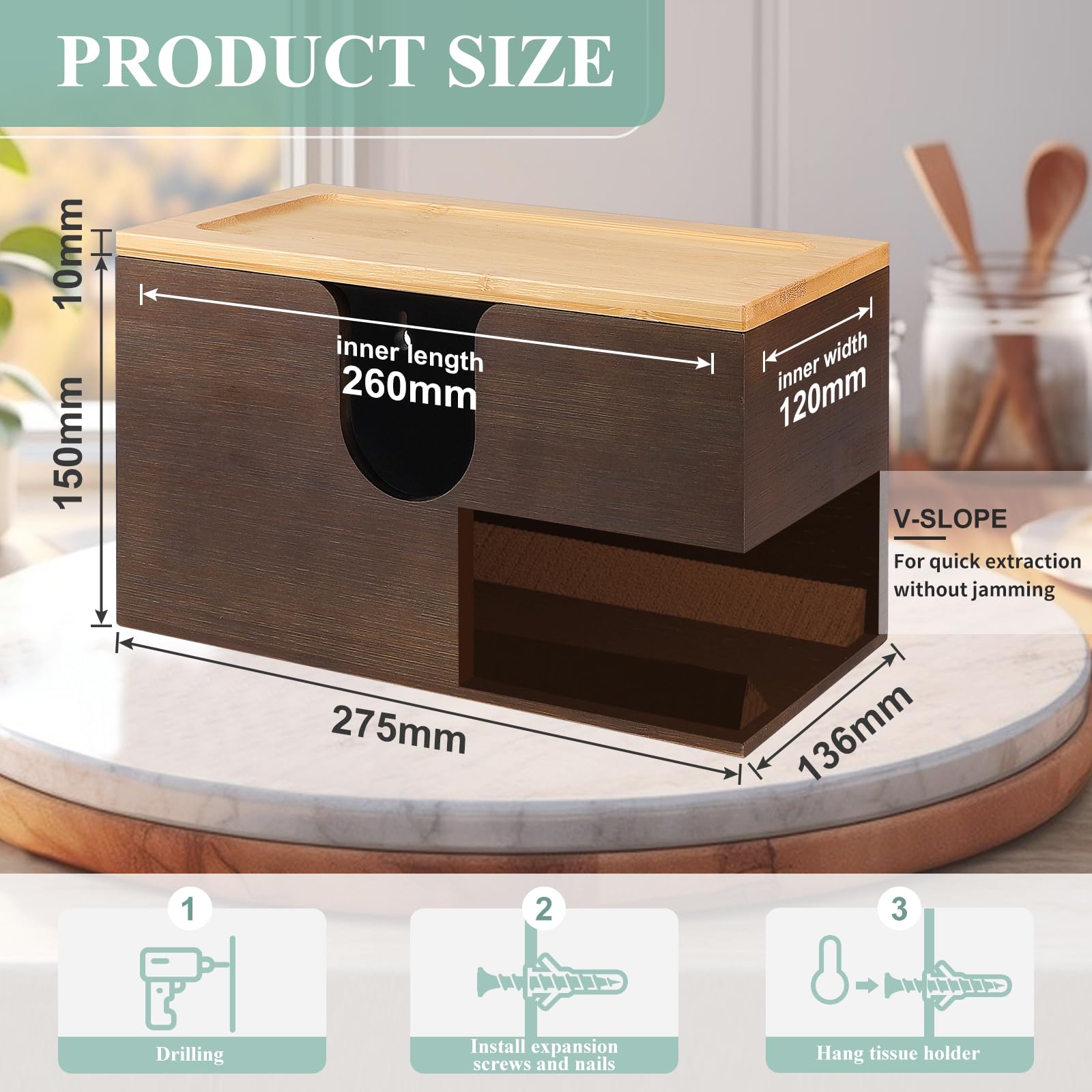 EFUTURETIME Handtuchspender für Papierhandtücher aus Bambus, 27.5x16x13cm, Papierhandtuchhalter Wand für H2 Papierhandtücher, Öffentliche Papierhandtuchspender mit Magnetischem Deckel, Braun