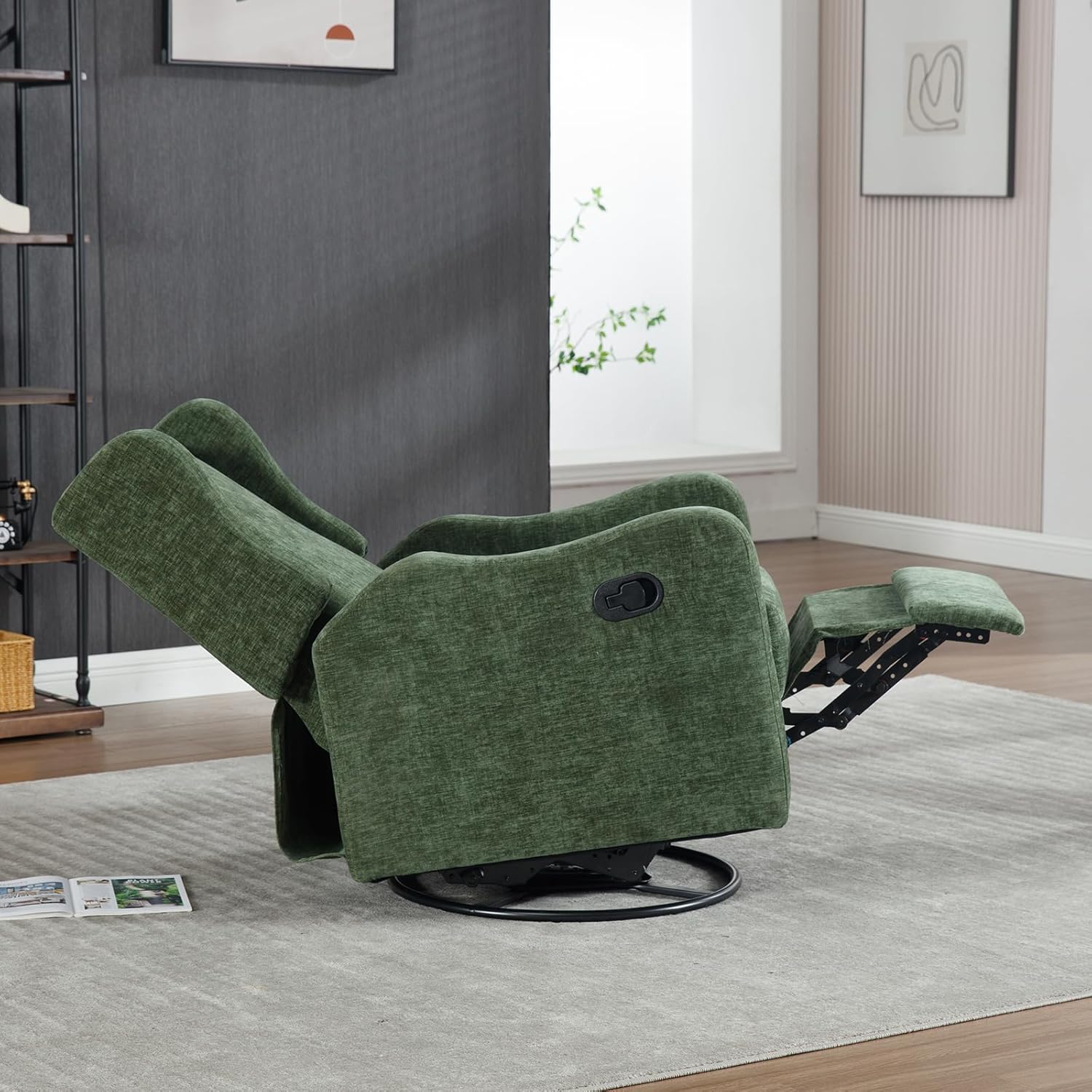 360° Swivel Glider Recliner, Soft Chenille Mid Century Modern Upholstered Ergonomic Rocker Comfy Wingback Accent with Curved Arm Sillas Reclining Chair Living Room Bedroom Lounge Reading Nursery Green