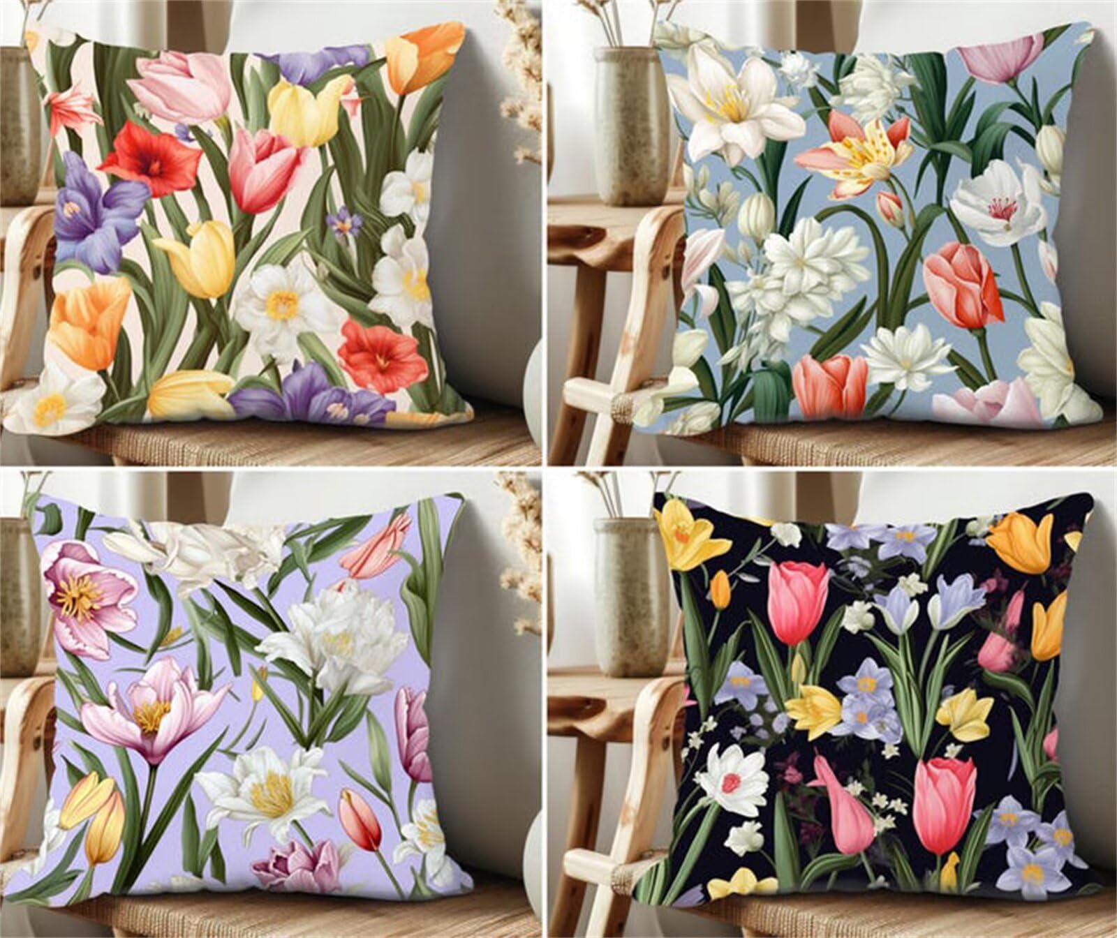 Housses de coussin en lin 40x40 cm lot de 4 taies carrées à fleurs pour canapé