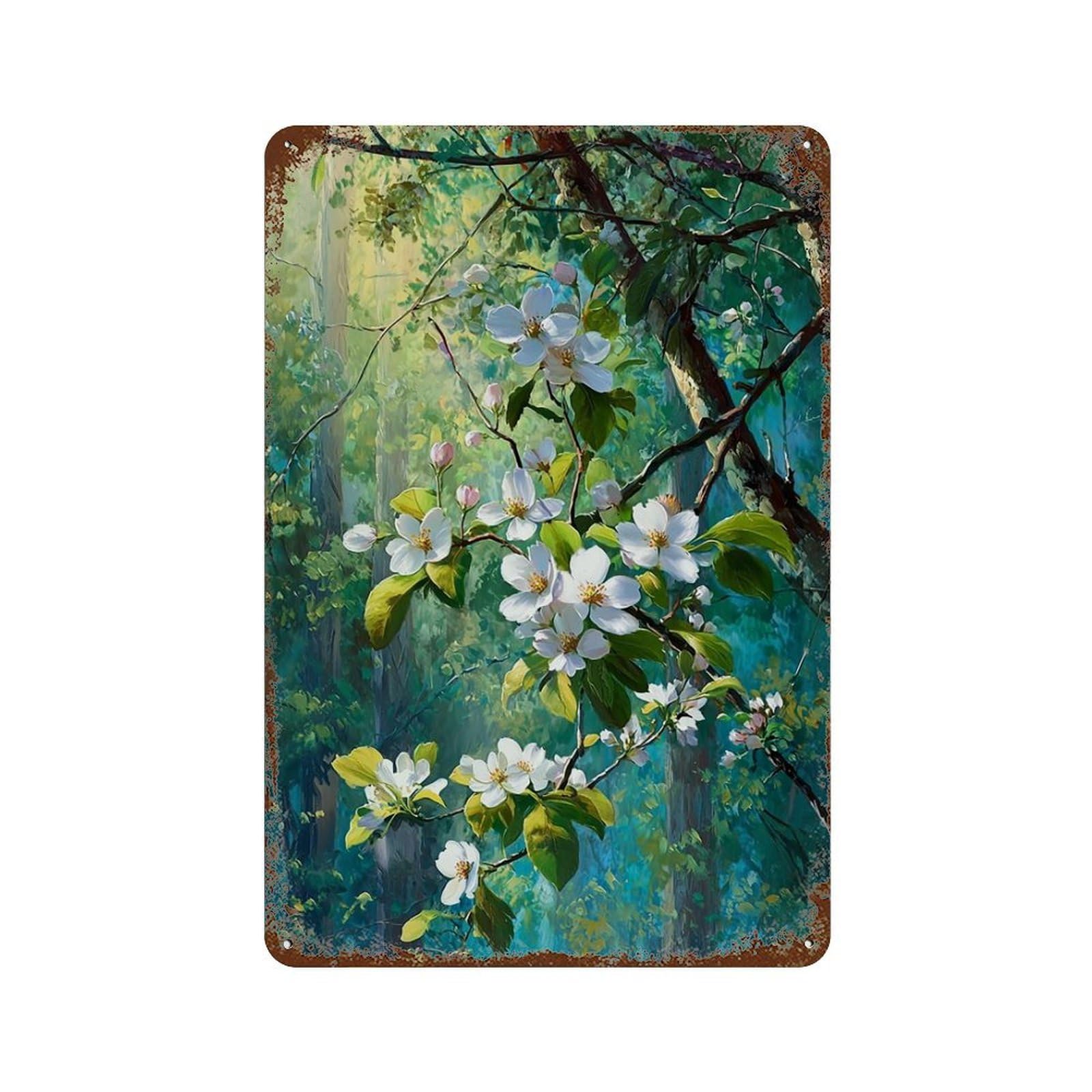 Rusty Metal Tin Sign with Spring Blossoms in Forest Design 11.8"x7.9", for Farmhouse, Kitchen And Entryway Decor, Classic Wall Plaque
