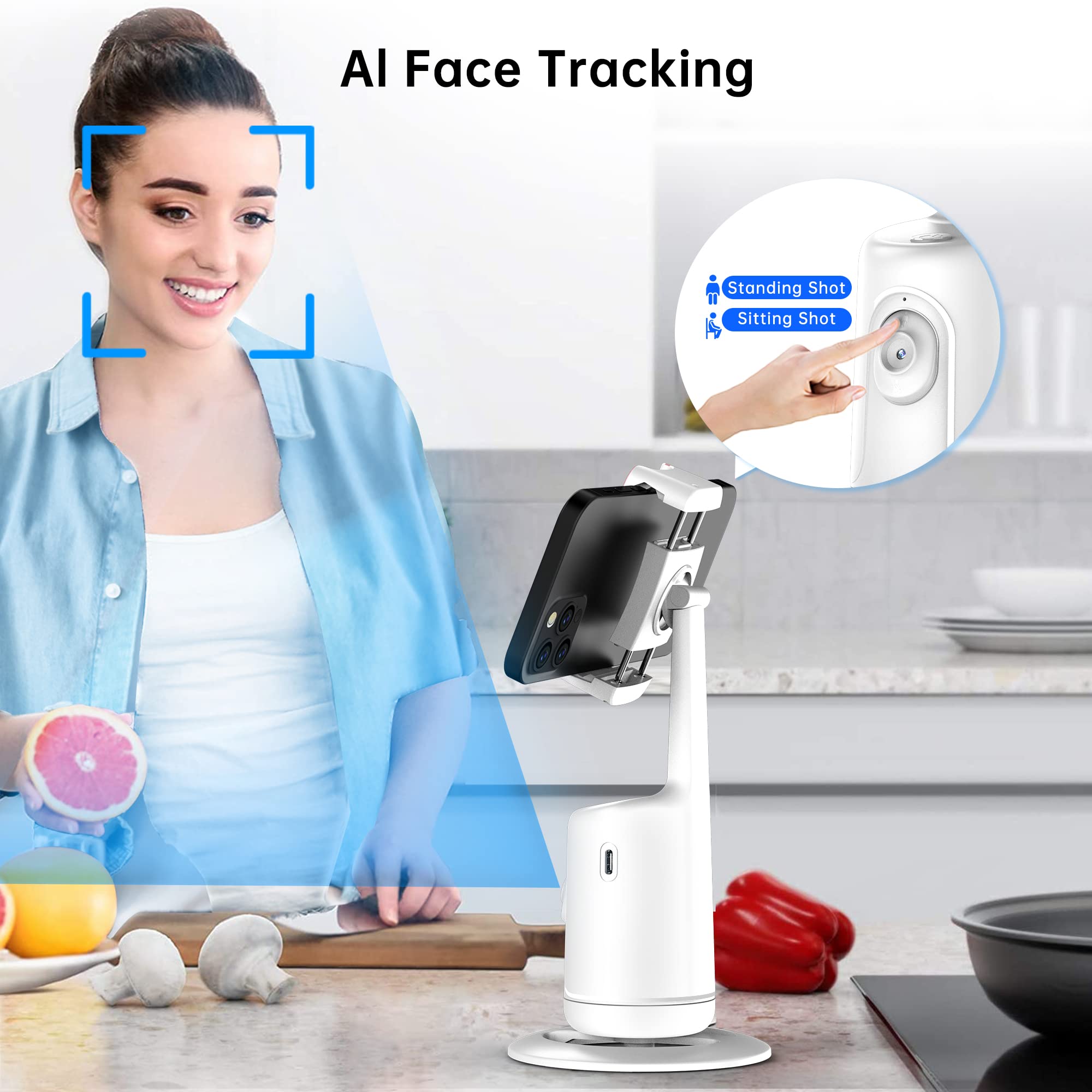 Auto Face Tracking statyw, uchwyt na telefon z inteligentnym śledzeniem 360°, stabilizator gimbalowy z inteligentnym śledzeniem twarzy i ciała do nagrywania wideo, transmisji na żywo, vlogów (Biały)