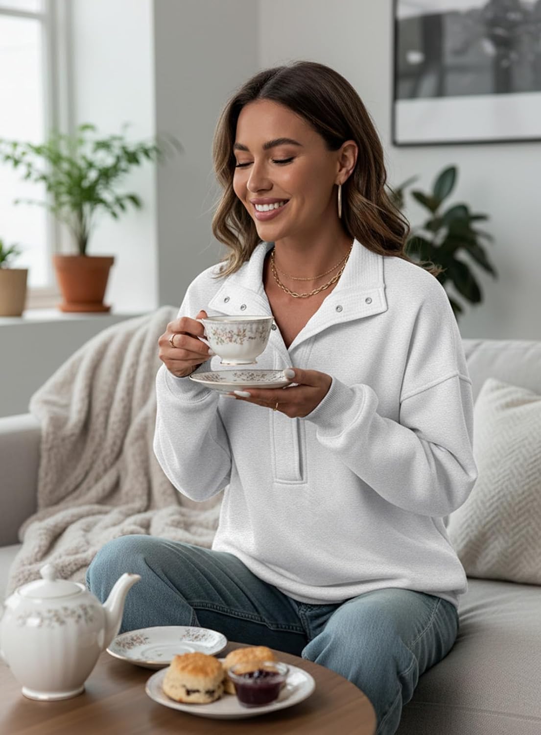 BLENCOT Mock Neck Sweatshirt for Women Quarter Button Long Sleeve Oversized Pullover Trendy Tops - Image 4