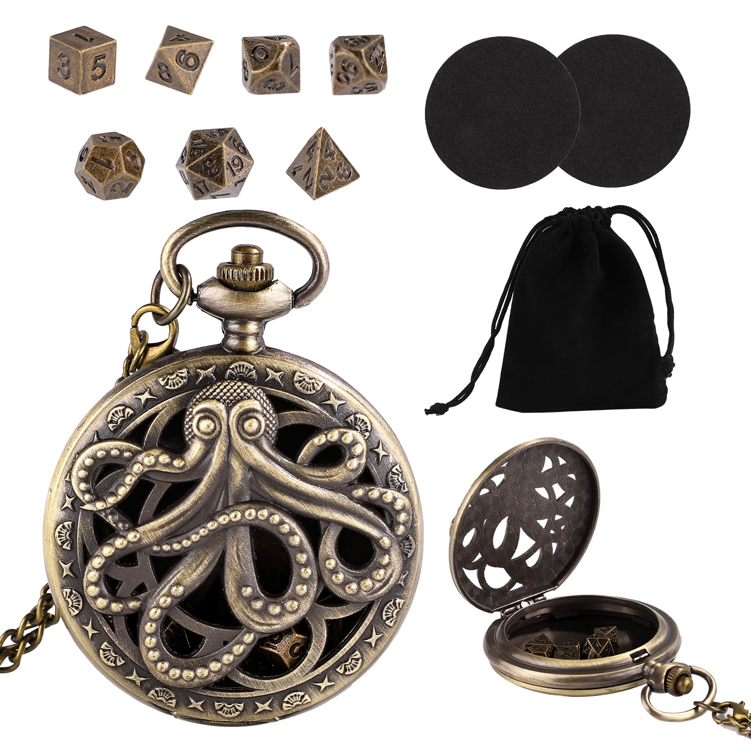 Zestaw Miniaturowych Kostek do DND, 7 Stylów Kostki z Koperta Zegarka Kieszonkowego Zestaw Wielosciennych Wzór Osmiornicy Kostek Metalowe Kostki Micro dla Rodziny i Przyjaciól