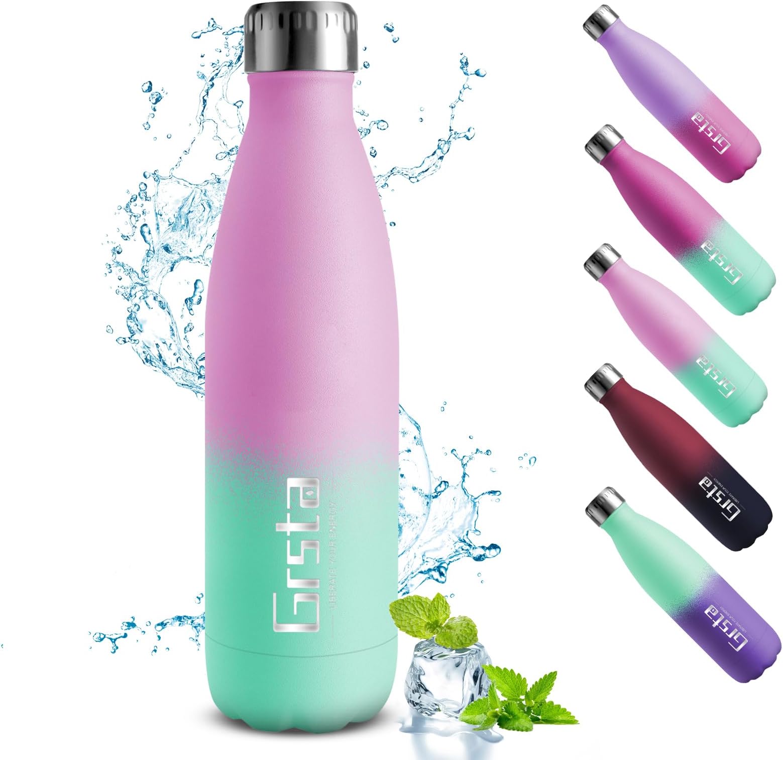 Grsta Stainless Steel Insulated Water Bottle, Sports Water Bottle, 500ml/650ml/750m, Vacuum Flask BPA Free, Metal Water Bottles, Leakproof Double Wall Drinking Suitable for Outdoor Sports, Cycling