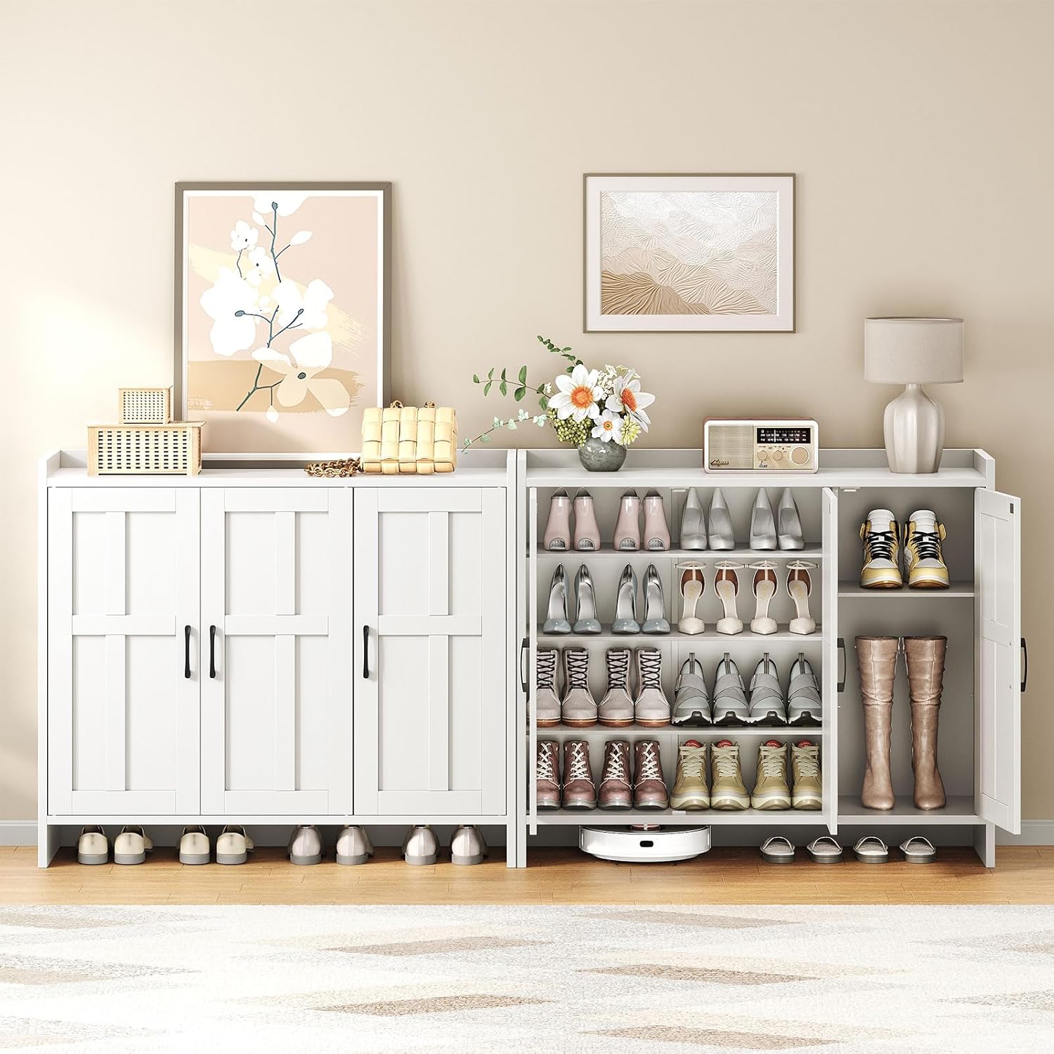 Open shoe cabinet doors revealing organized shoes on shelves
