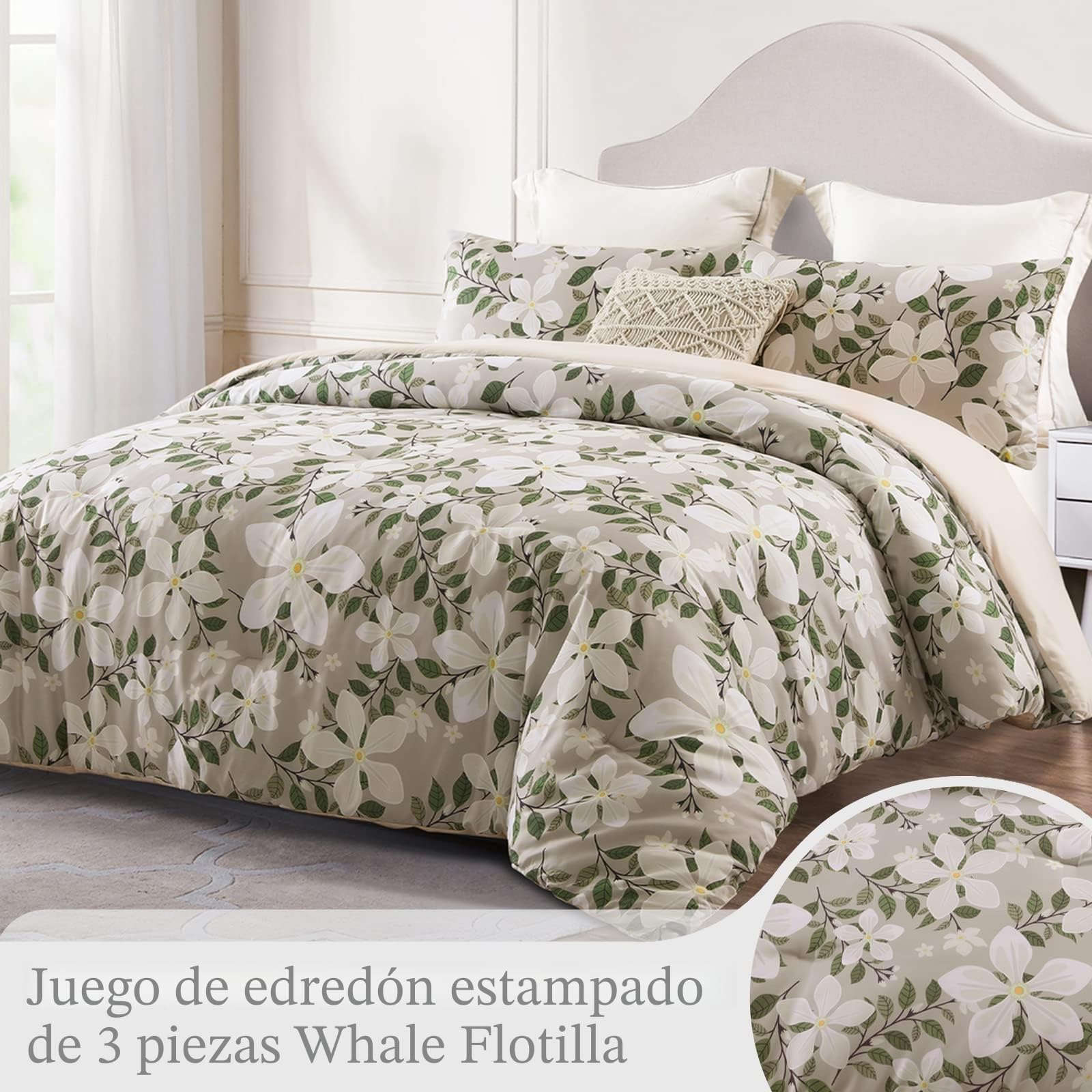 Whale Flotilla Edredón de 200 x 200 cm, Transpirable y Supersuave, para Las 4 Estaciones con 2 Fundas de Almohada, diseño de Flores Beis