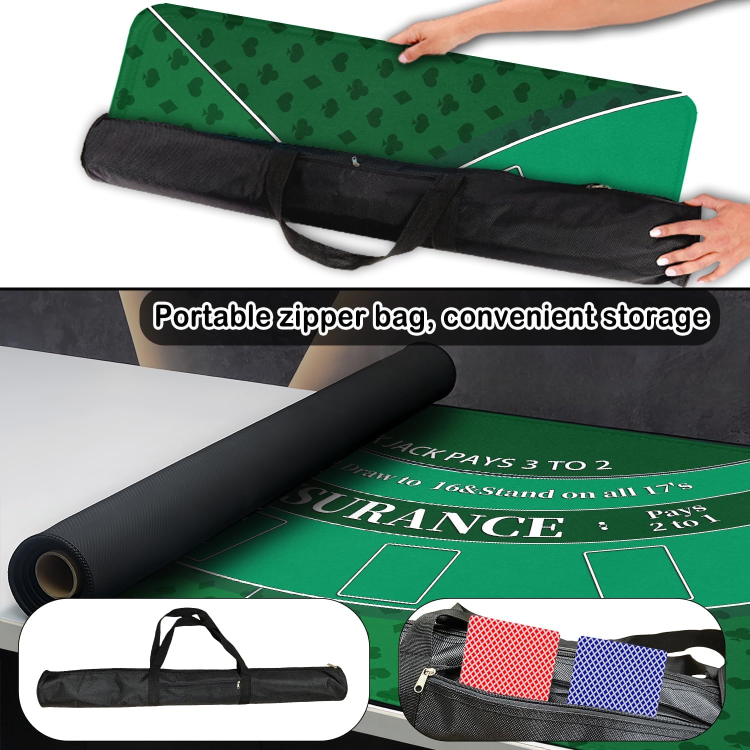 Poker Mat, 8-10 Players Texas Holder Poker Table Top - 70" x 35" Poker Topper for Tables - Poker Game Mat with 8 Coasters in Gift-Ready and Zipper Storage Bag
