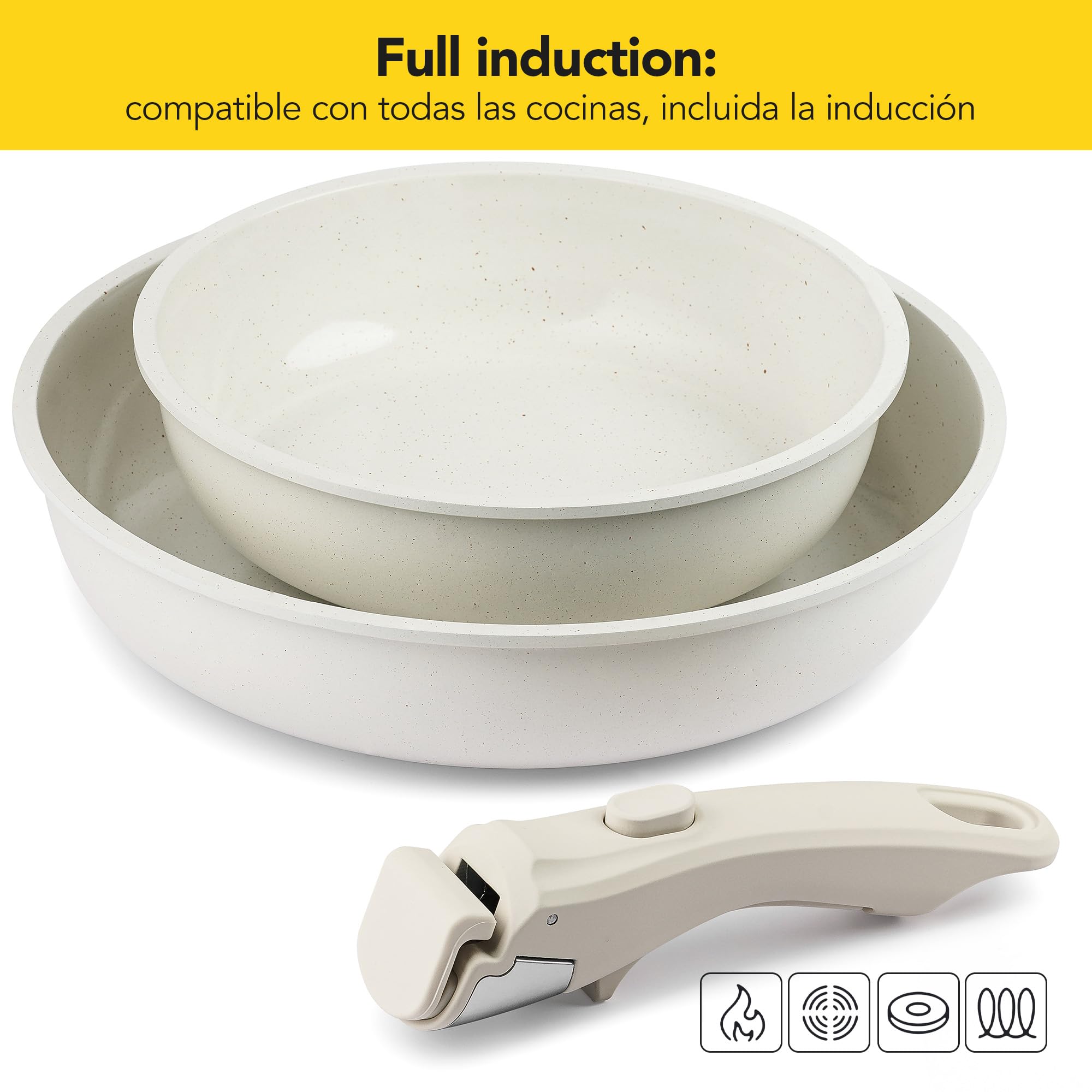 CASTEY - Batería de Cocina 8 Piezas, Modelo BAT-C8WH, Acero Inoxidable 18/10, Base de Aluminio, Recubrimiento Antiadherente Sin PFOA, Sartenes, Ollas y Cacerolas con Tapa y Mango Extraíble, Blanco