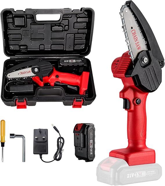 Mini Chainsaw, 4-Inch Electric Chainsaw Handheld Mini Pruning Shears Chainsaw for Tree Trimming Wood Cutting, Charger Included (Red)