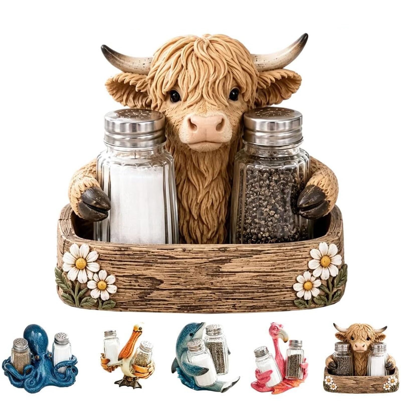 Highland Cow Salt & Pepper Shaker Set with Holder (#C)