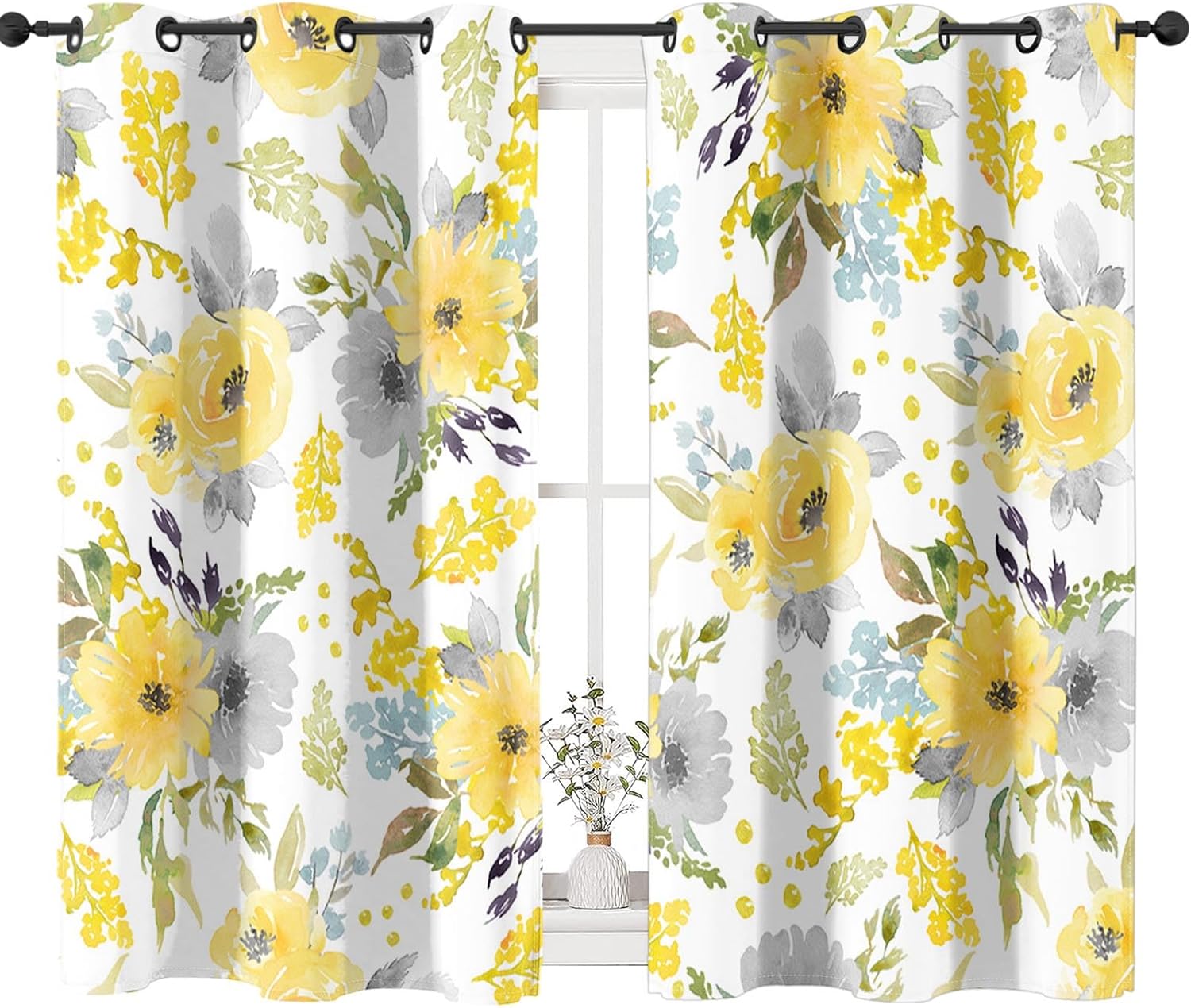Gray Yellow Blue Curtains for Living Room, Floral Vintage Summer Solid Thermal Insulated Grommet Drapes, Room Darkening Window Curtain Panels(Set of 2, 52 x 84 Inch) 52"W x 84"L (Pack of 2) Yellow Floral