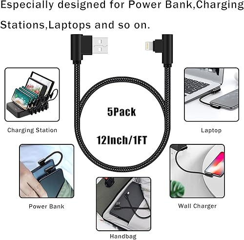 Miniatura 5 de Osecet Cargador para iPhone de 1 pie con certificación MFi, paquete de 5 cables Lightning de ángulo recto de 1 pie de nailon trenzado de 90 grados