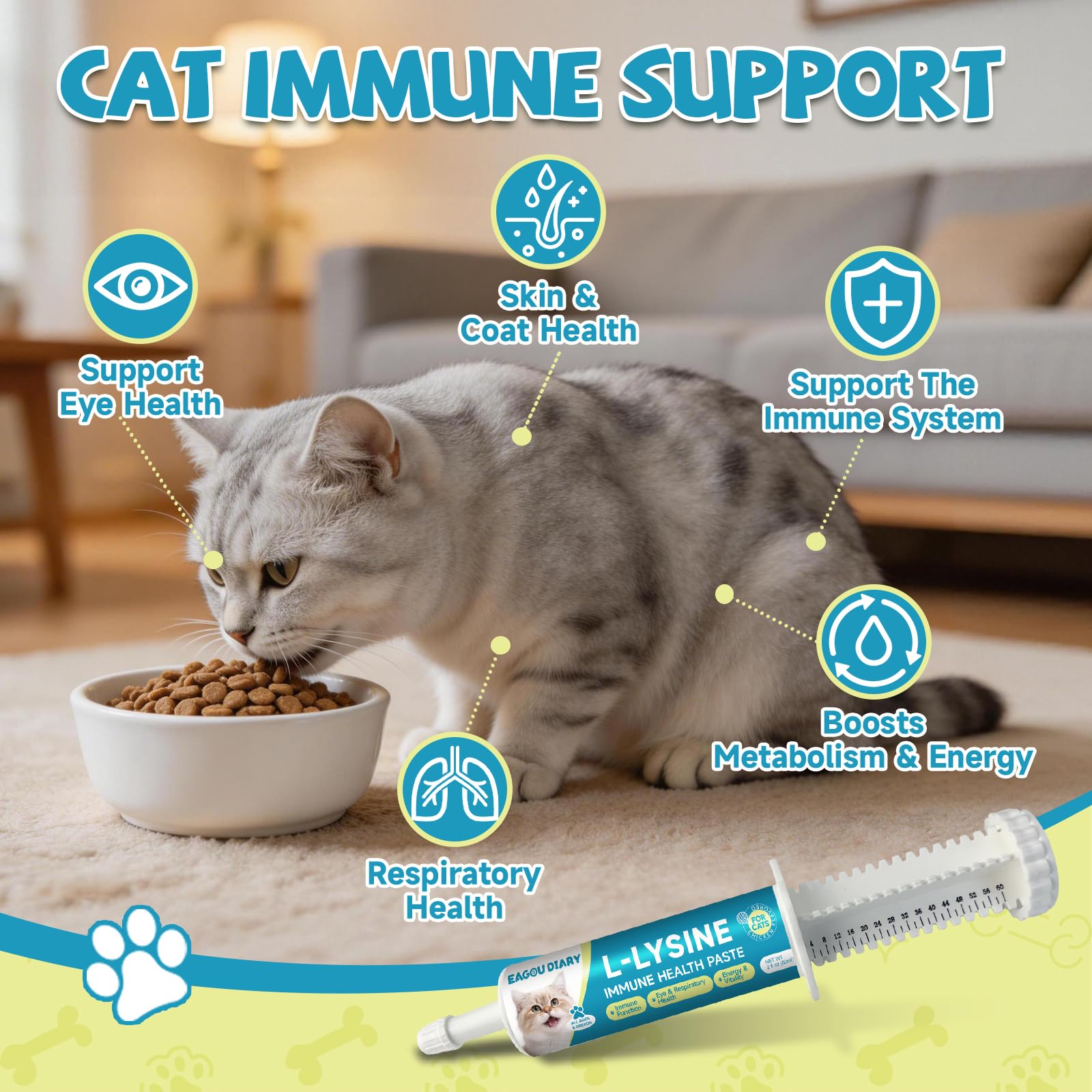 L-Lisina per Gatti Gattini – Pasta Gatti Lisina Supporto Immunitario, Sollievo da Starnuti, Raffreddore, Occhi che Lacrimano, Taurina, Omega-3, Vitamine