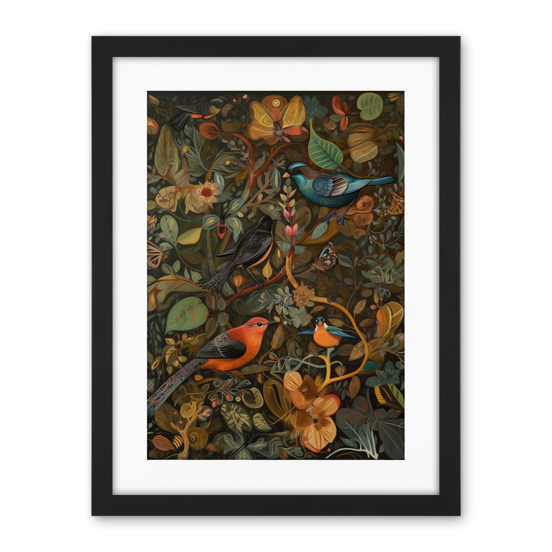 Artery8 Birds and Butterflies on Autumnal Tree Folk Art Artwork Framed Wall Art Print 18X24 Inch