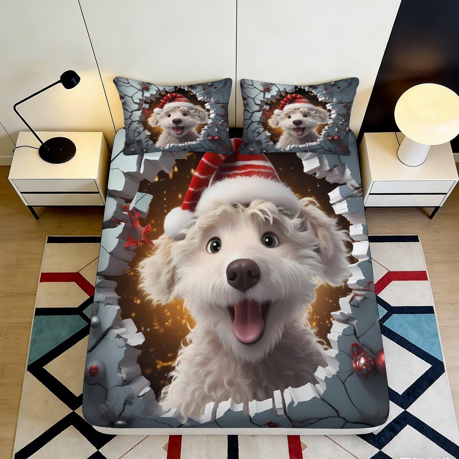 3D Printed Christmas Dog Fitted Sheet Microfiber Soft Breathable Santa Hat Bed Cover for Bedroom Dormitory Guest Room Mattress Protection Decor 140x200x25cm