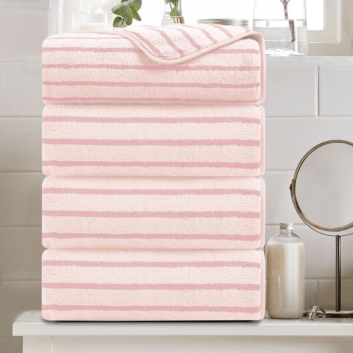 4 Piece Pink Cabana Stripe Large Bath Towels 35"x70" Oversized Bath Sheet Super Soft Breathable Jumbo Bathroom Towels Highly Absorbent Shower Towel Quick Dry Beach Chair Towel Spa Gym Hotel Towel Set Pink 4 Pcs Bath Towel