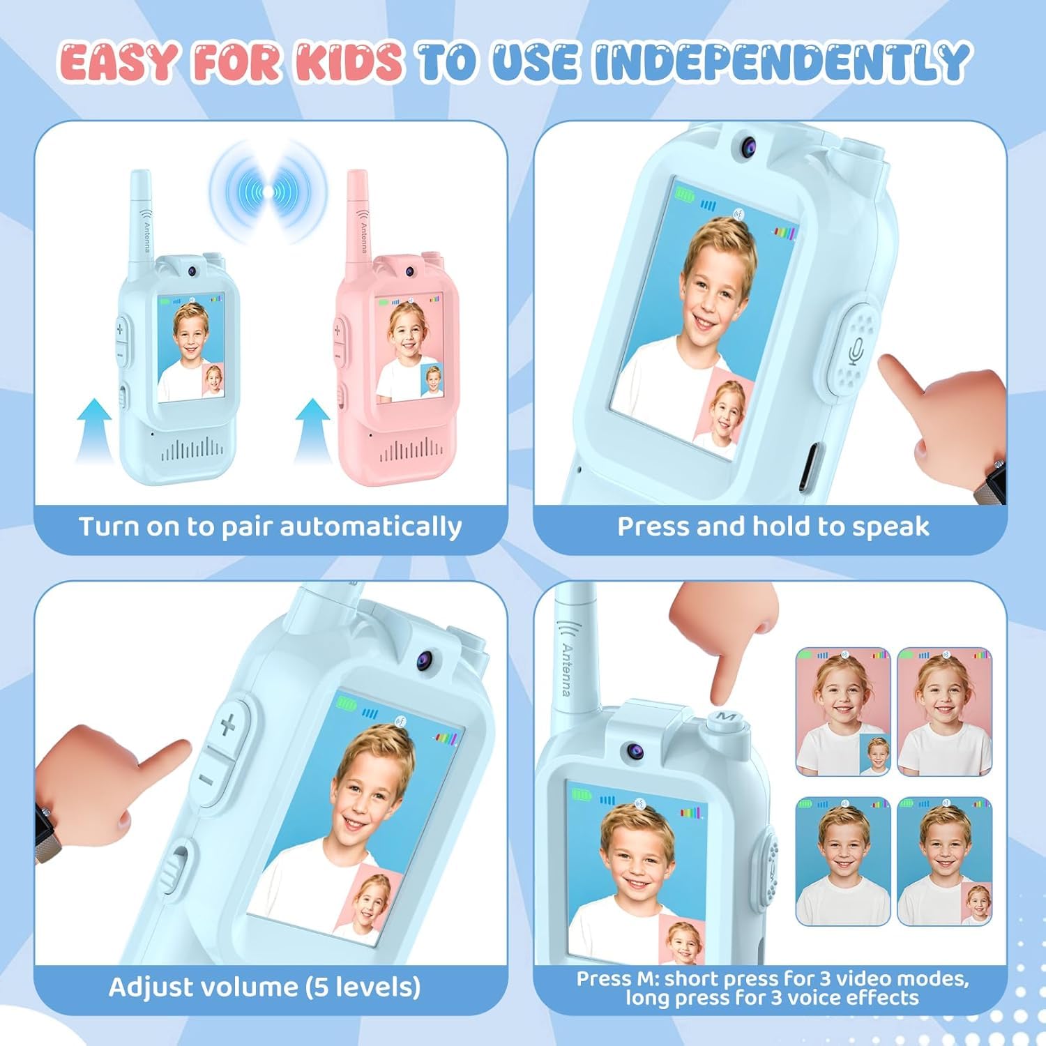 Felly Walkie Talkies for Kids 2 Pack, Rechargeable Handheld Two Way Radios Toys, Screen Display & Voice Changer - Image 4
