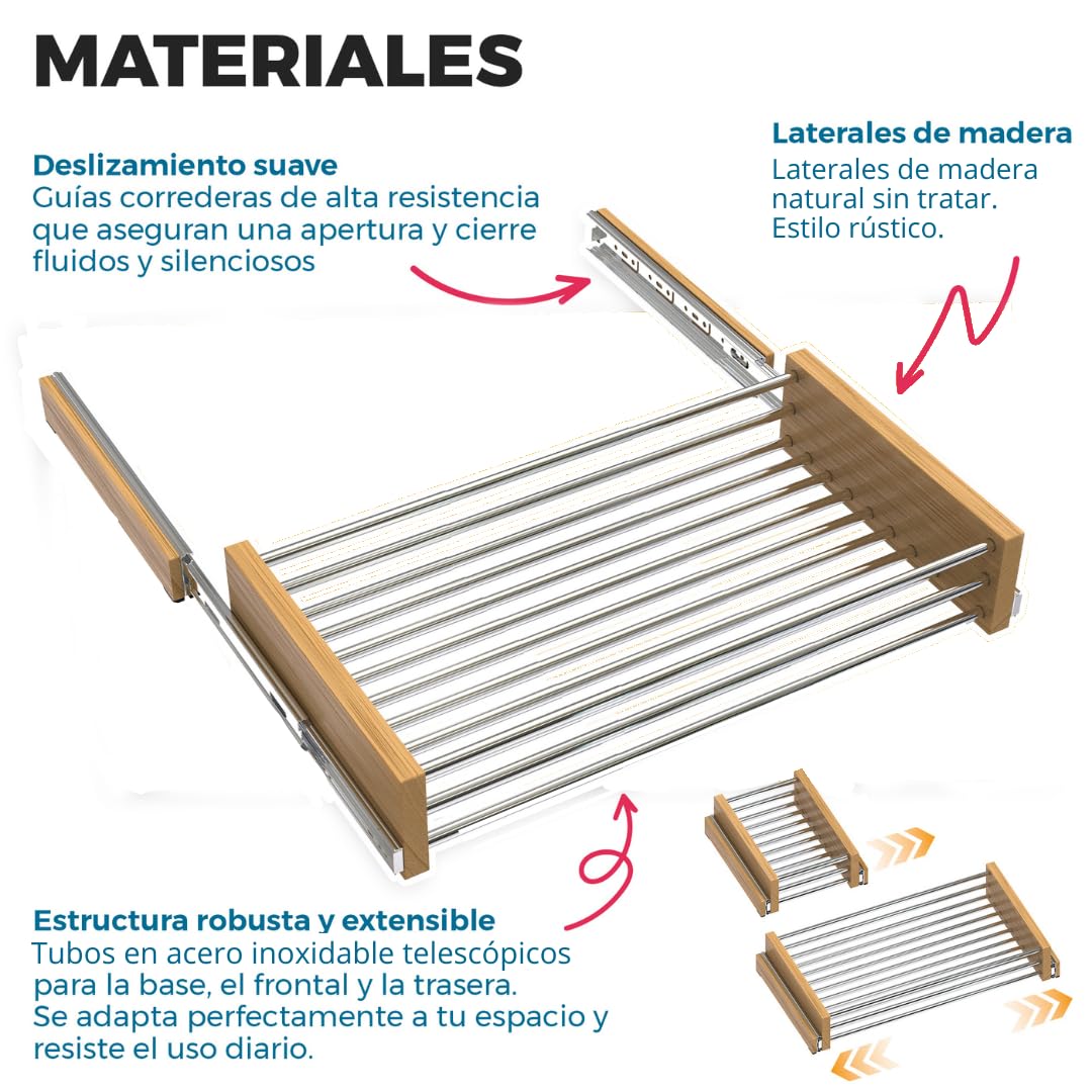 Genérico Cajón Extraíble Regulable para Muebles Altos Cocina Bandeja Telescópica Ajustable 27 5-57 cm Organizador Deslizante Armario con Guías Extracción Total Acero Inoxidable Madera