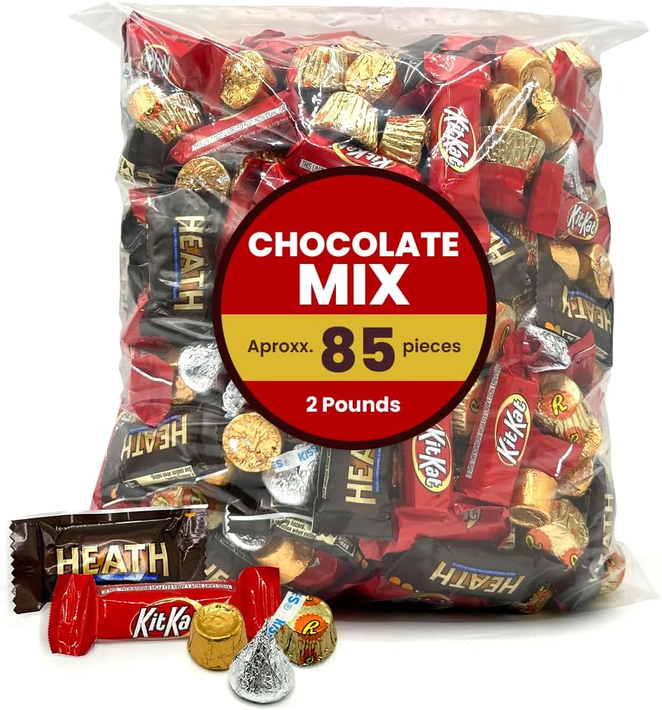 Bulk Chocolate Candy Mix - 2 Pounds Approx 85 pieces of Miniature Size - Bulk Candy Chocolate Snacks Perfect For Sharing , Hershys Kisses , Reeces Peanut Butter Cups , Heath Toffe Candy - KitKat Bars - Rolo Chocolate Caramel - Chocolate Candy Bars Minis - Bulk Chocolate Bars Bulk Candy Individually Wrapped Snacks For Adults & Kids - Chocolates For Gifting or Pinata Candy