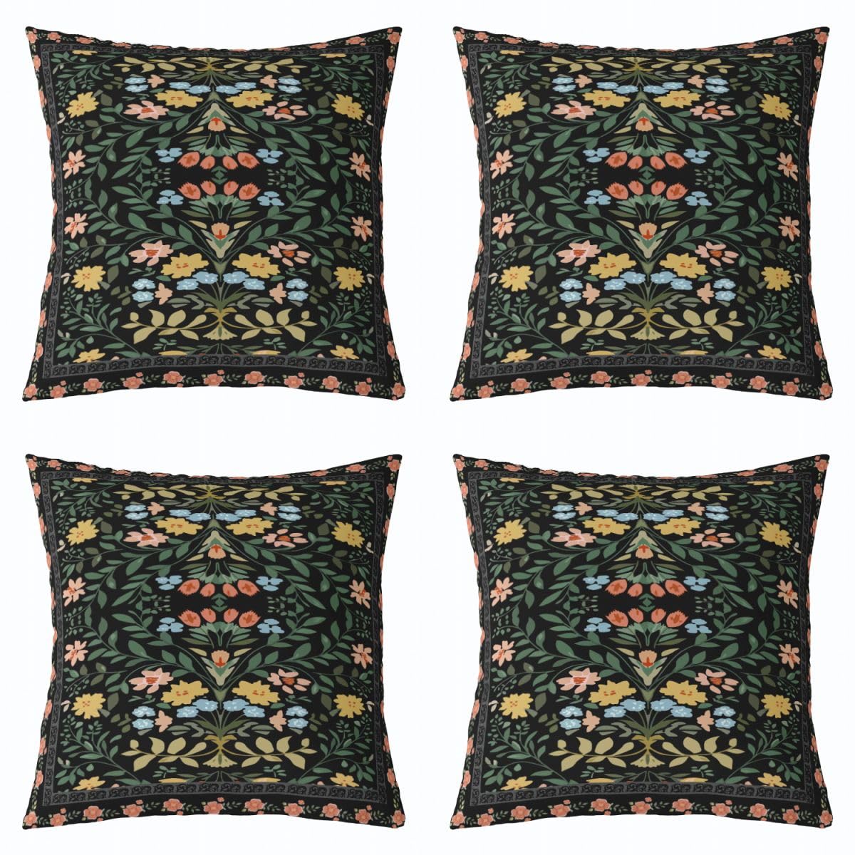 Lot de 4 housses de coussin rustique 40x40 motif feuilles vert rouge noir décoration nature