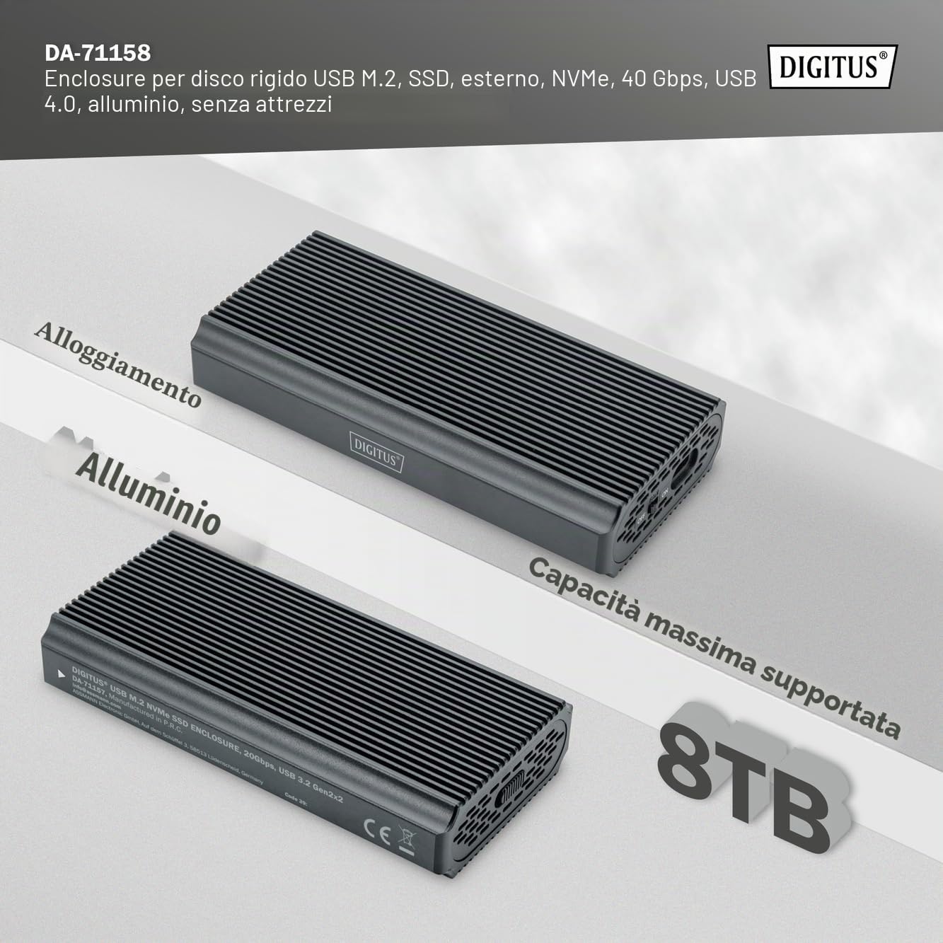 Custodia Per Disco Rigido Digitus Usb M.2, Ssd, Esterna, Nvme, 40 Gbps, Usb 4.0, Alluminio, Senza Attrezzi