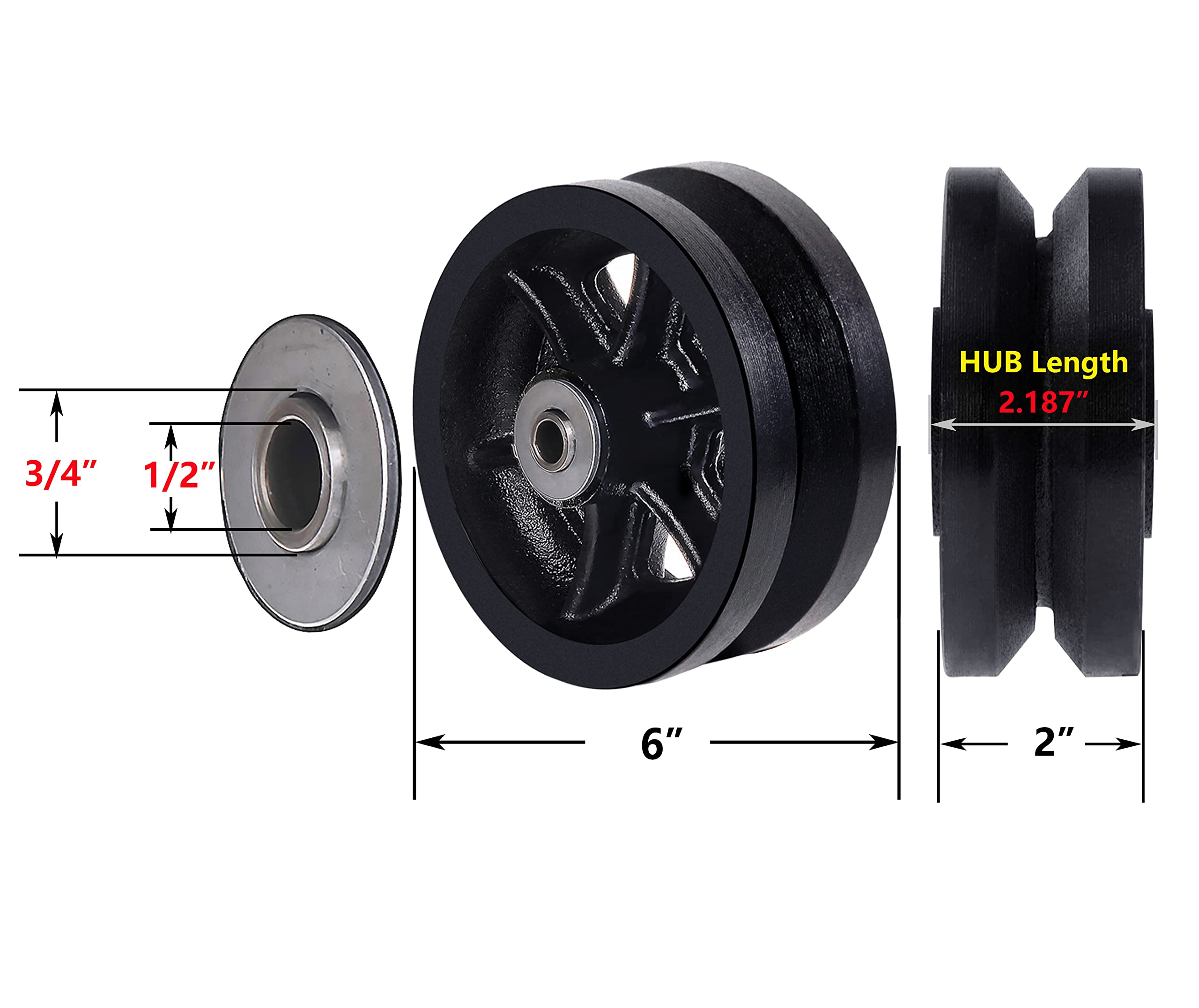 Rueda de ruedas de hierro fundido de 6 x 2 pulgadas con capacidad de rodamiento de rodillos rectos de hasta 1000 libras (1 rueda negra)