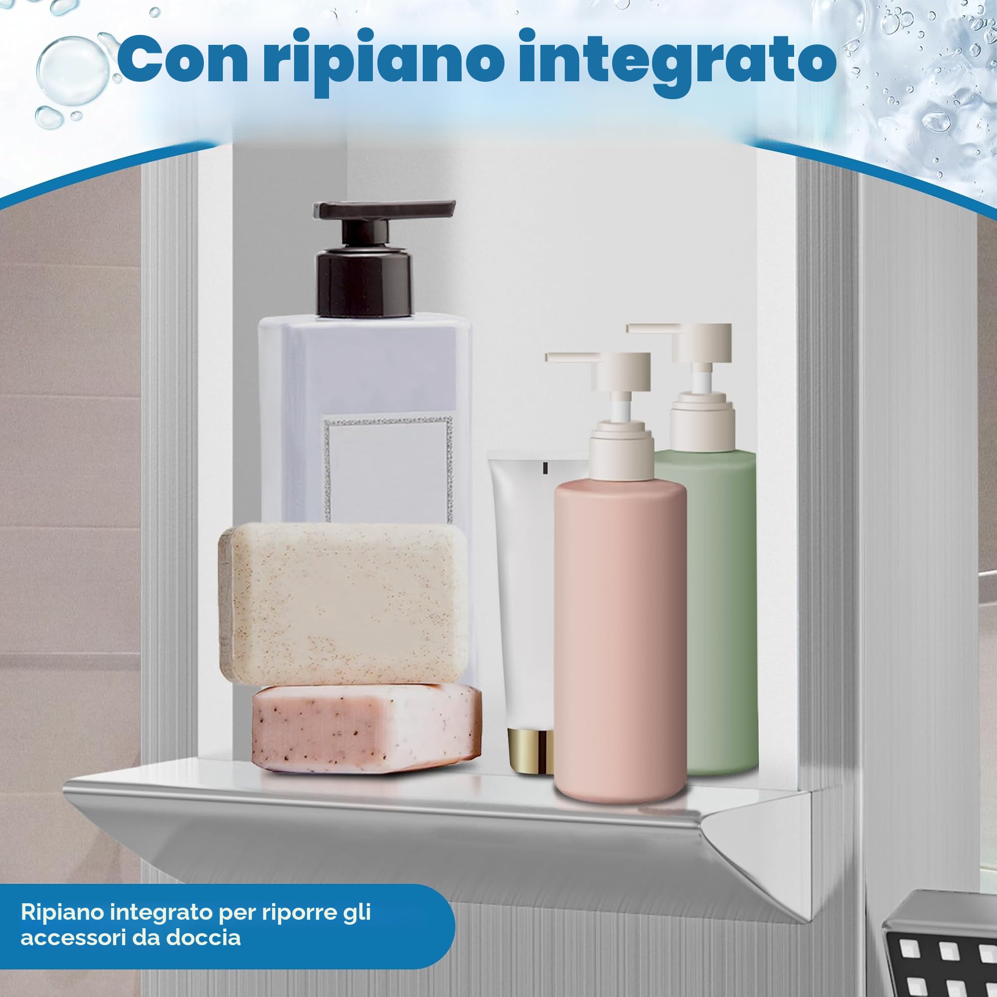 Froadp - Pannello doccia in acciaio inox, sistema doccia a parete con 5 funzioni: doccia a pioggia, con doccetta, doccia massaggiante, doccia a cascata, set doccia completo a colonna (argento)