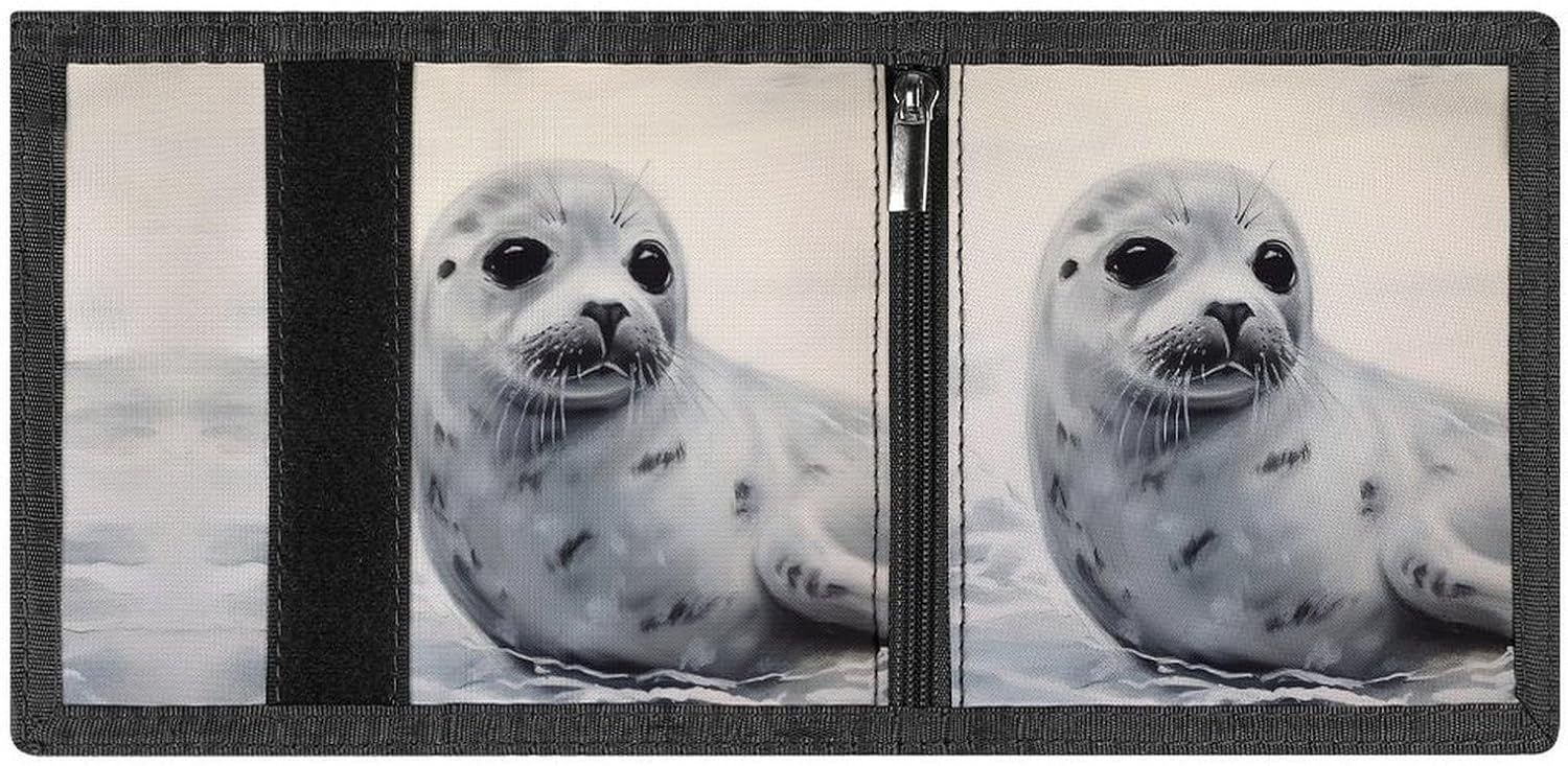Trifold Canvas Wallet with Keychain, Modern Fashion Credit Card Holder Wallet for Men Women, Harp Seal Painting Slim Wallets W/Zipper Coin Pocket, Novelty Birthday Gift