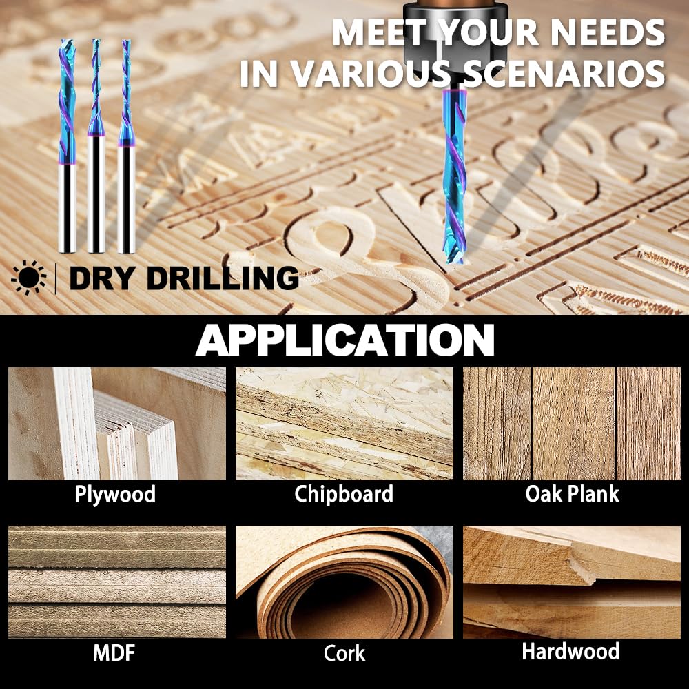 Compression Spiral Router Bits 1/4" Shank,1-1/4" Cutting Length, Solid Carbide UP Down Cut CNC Router Bits with Nano Blue Coating for Wood Mortises Carving Engraving