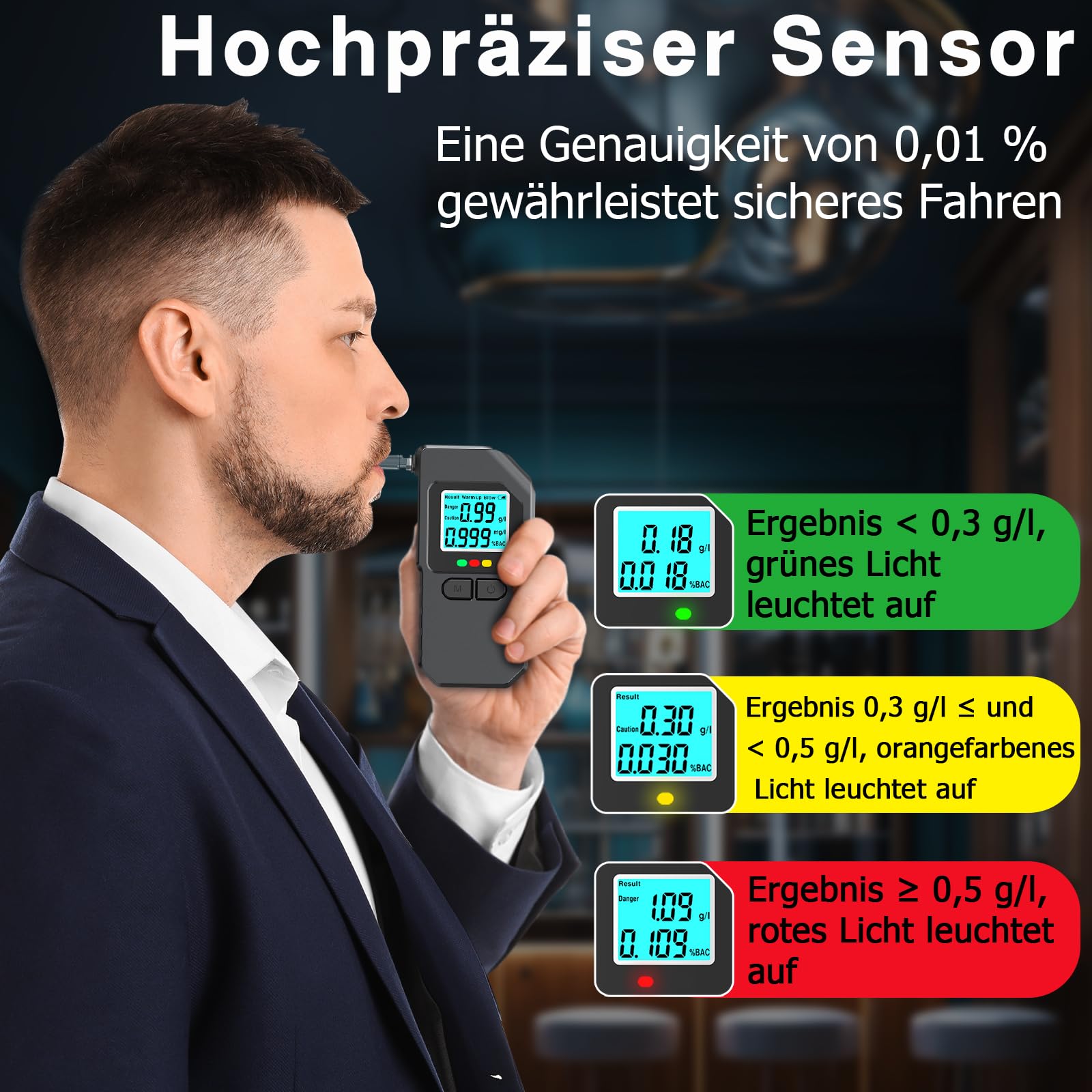 Alkoholtester, Promillemessgerät mit Digitaler LCD-Anzeige, Professioneller Alkoholmessgerät für 20 Mundstücke, Tragbarer Alkohol Tester für Den Persönlichen und Professionellen Gebrauc