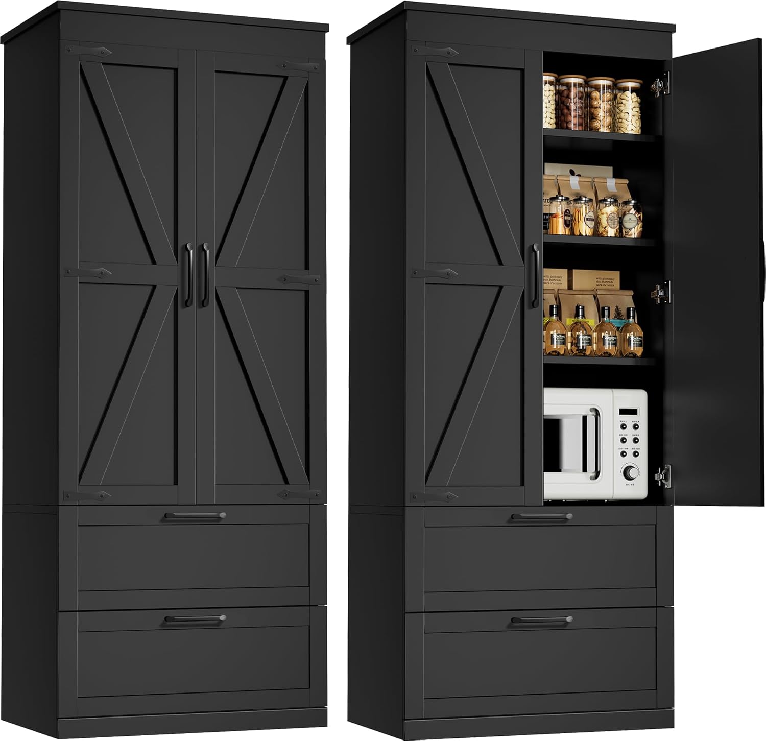 71” H Kitchen Pantry Cabinet, 4-Tier Farmhouse Storage Cabinet with Barn Doors, 2 Drawers, Adjustable Shelf, Freestanding Cupboard for Kitchen, Bathroom, Living Room (Black)