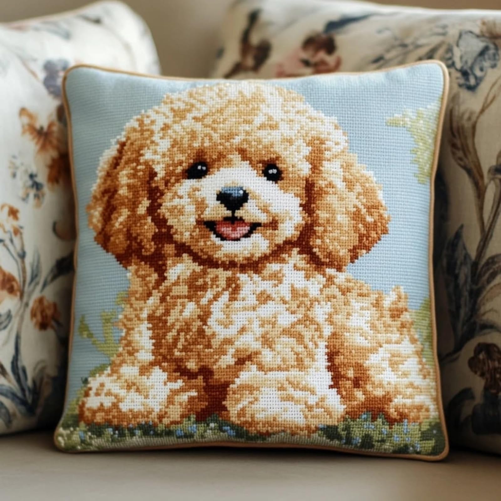 WallustrioaW Stamped Cross-Stitch Kit Printed Canvas,Animal Dog Poodle,Cross Stitch Cushion Kits Needlework for Adult Beginners 11ct Decoration Embroidery Pillow Case,45x45cm