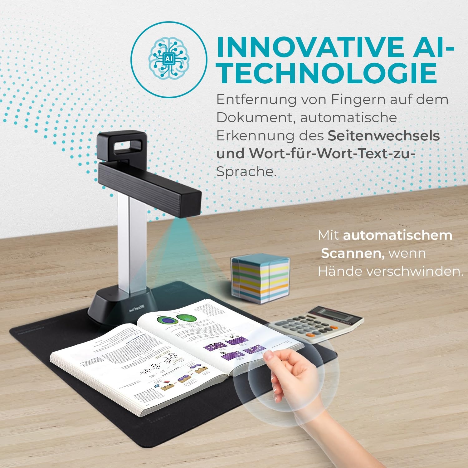 IRIScan Desk 6 Buchscanner Schwarz mit 8MP Kamera und LED, scannt Bücher und A4-Dokumente mit OCR, AI-Flachlegung und Finger-Entfernung, USB, für Win & Mac, inkl. Readiris PDF