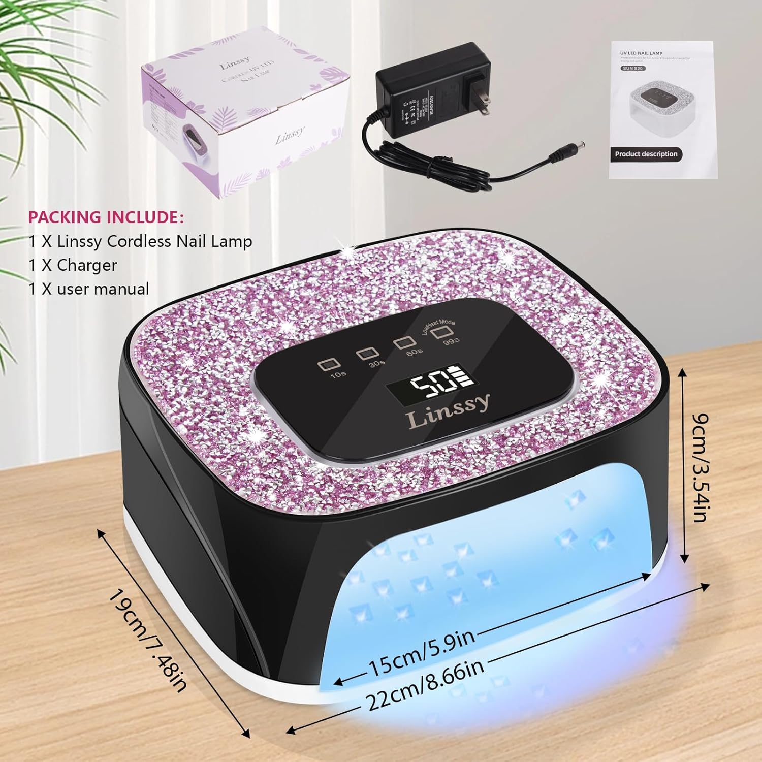 Rechargeable UV/LED Nail Lamp with Auto Sensor, Portable Cordless Gel Nail Dryer Light 4 Timings & Diamond LCD Screen, UV Light for Gel Nails at Home Salon (Black)