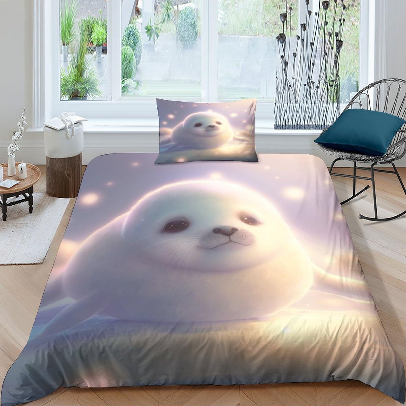 Aaharya Cute Seal 3D Printed Duvet Cover Sets,Bedding Bed Set, Polycotton Seal Adults Children Quilt Cover Sets Single（135X200cm）