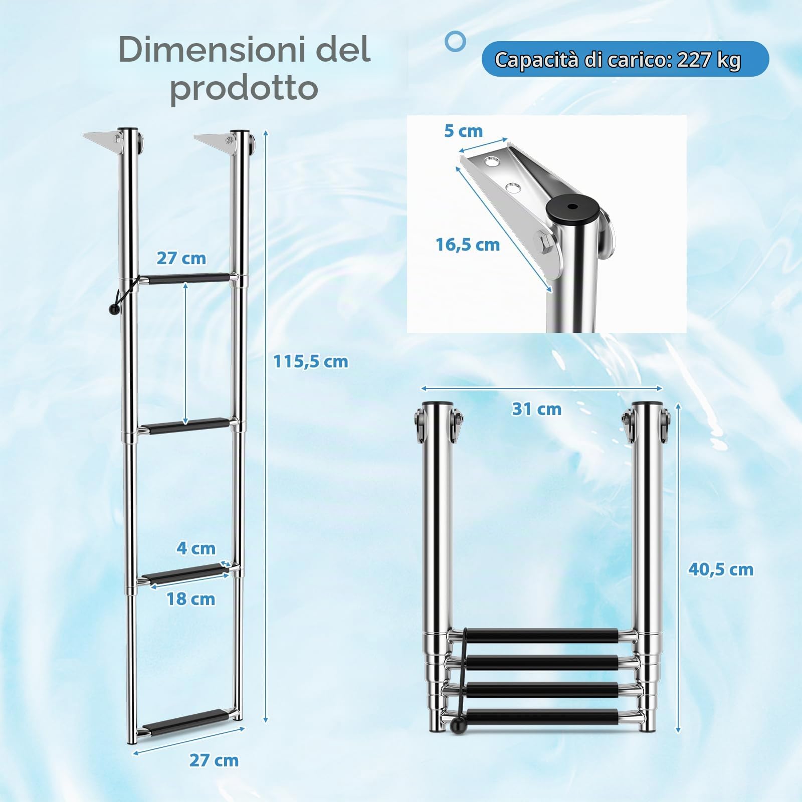 SOARS Scaletta Telescopica in Acciaio Inossidabile, Scala Piscina Fuori Terra a 4 Gradini Antiscivolo, Portata Massima 227 KG, per Piscina, Barca, Ponti, Pontile Galleggiante