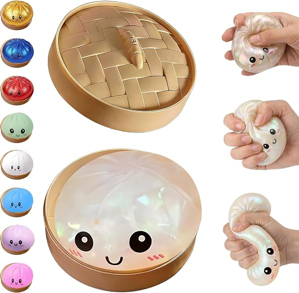 BCBU Glitter Dumpling Squishy,Dumpling Squishies,Glitter Dumpling Mystery Box,Colorful Dumpling Stress Balls Fidget,Jumbo Squishy Toy with Steamer Box,Soft Squeeze Decompression Dough (Glitter White)
