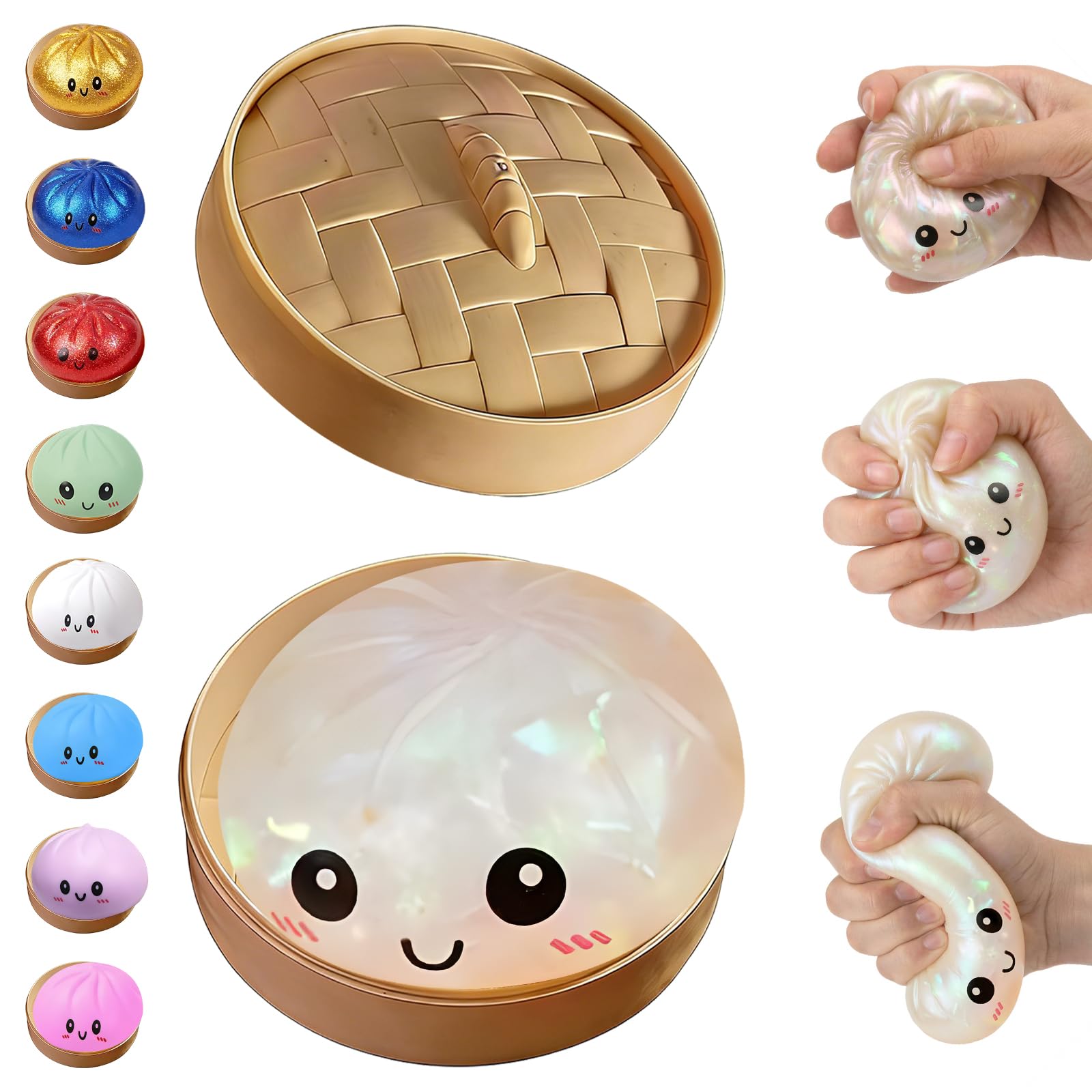 BCBU Glitter Dumpling Squishy,Dumpling Squishies,Glitter Dumpling Mystery Box,Colorful Dumpling Stress Balls Fidget,Jumbo Squishy Toy with Steamer Box,Soft Squeeze Decompression Dough (Glitter White)