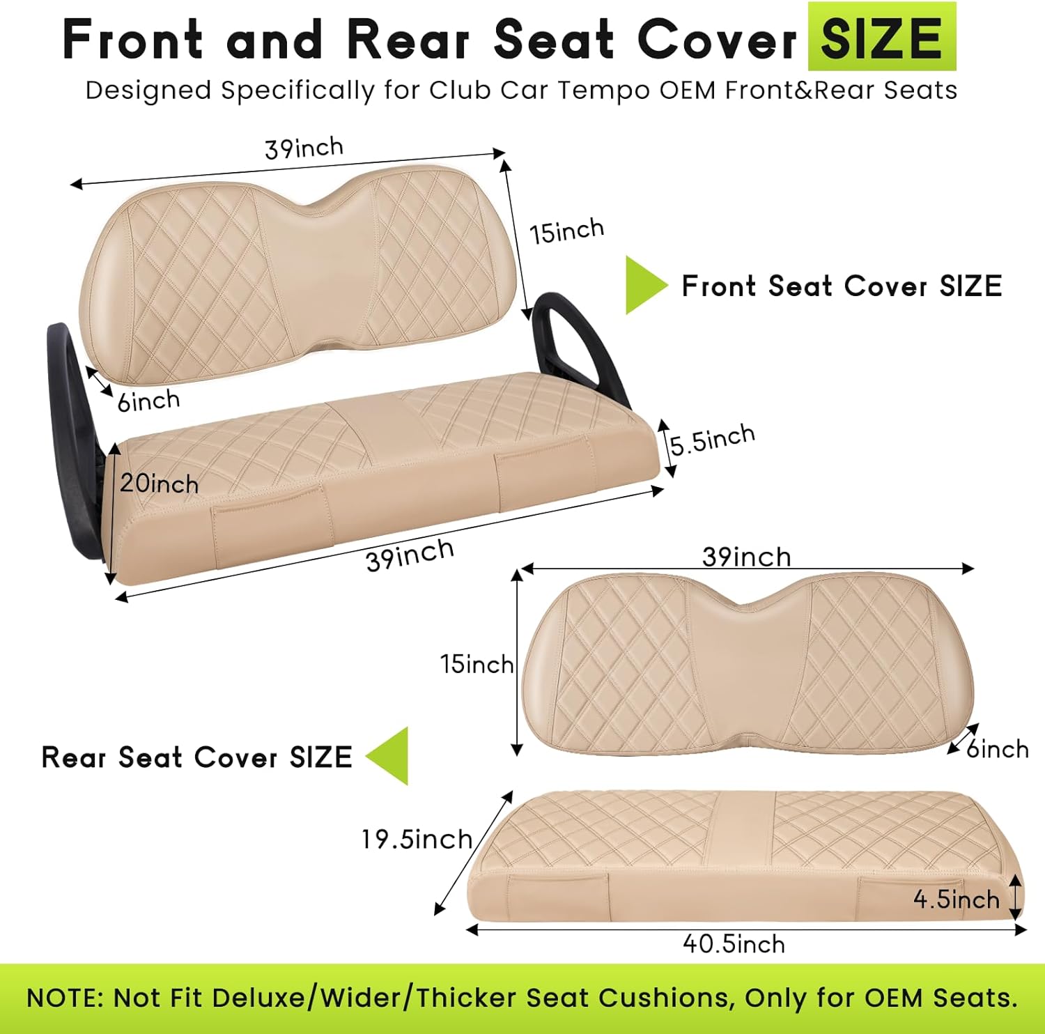 Golf Cart Seat Cover Front and Rear Set of 2 Fit for Club Car Tempo OEM Ordinary Seats No Nails Required Easy to Install & Clean Beige Vinyl Leather Seat Cushion Covers