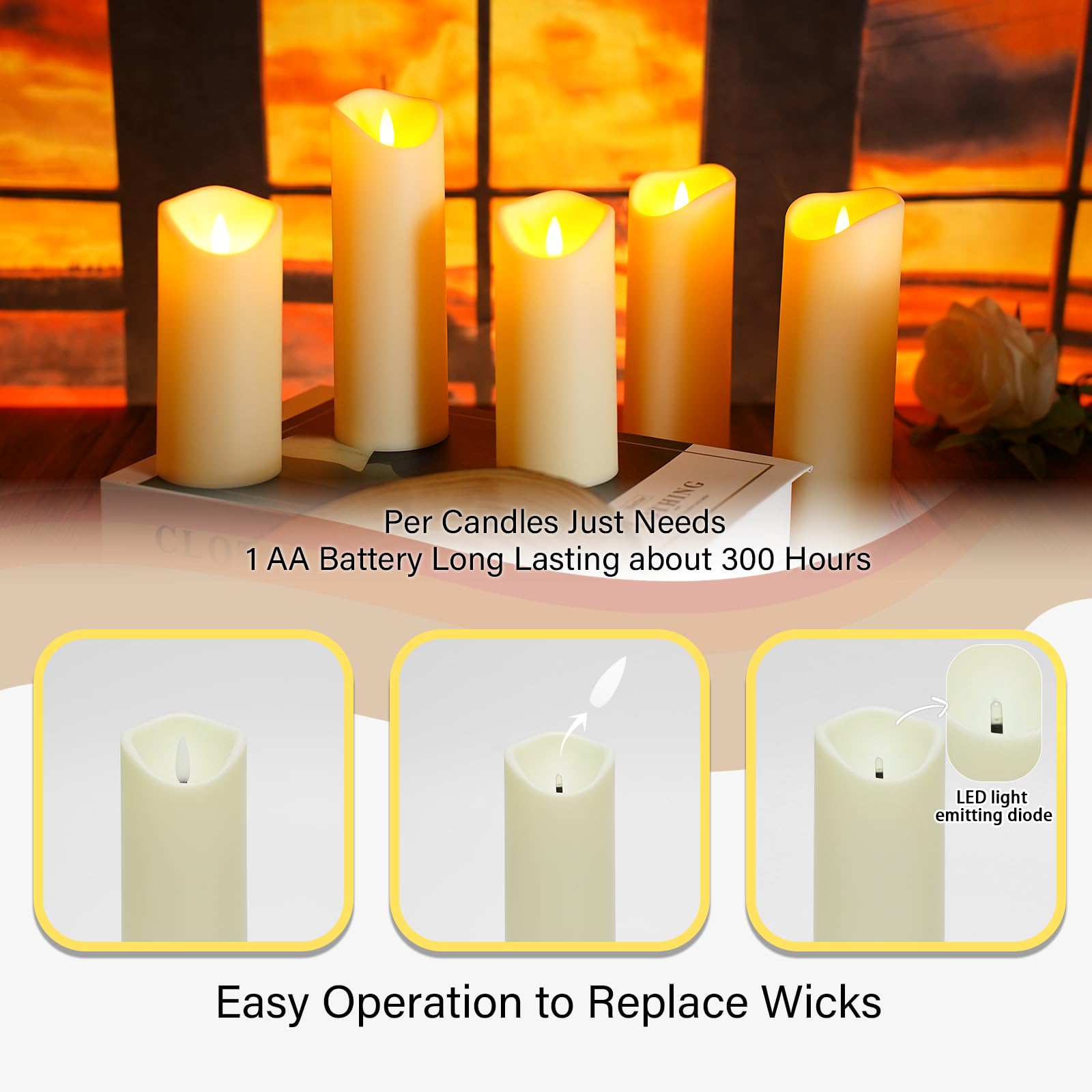 kakoya Velas parpadeantes sin llama, velas LED acrílicas que funcionan con pilas con control remoto y temporizador, juego de 9 (marfil)