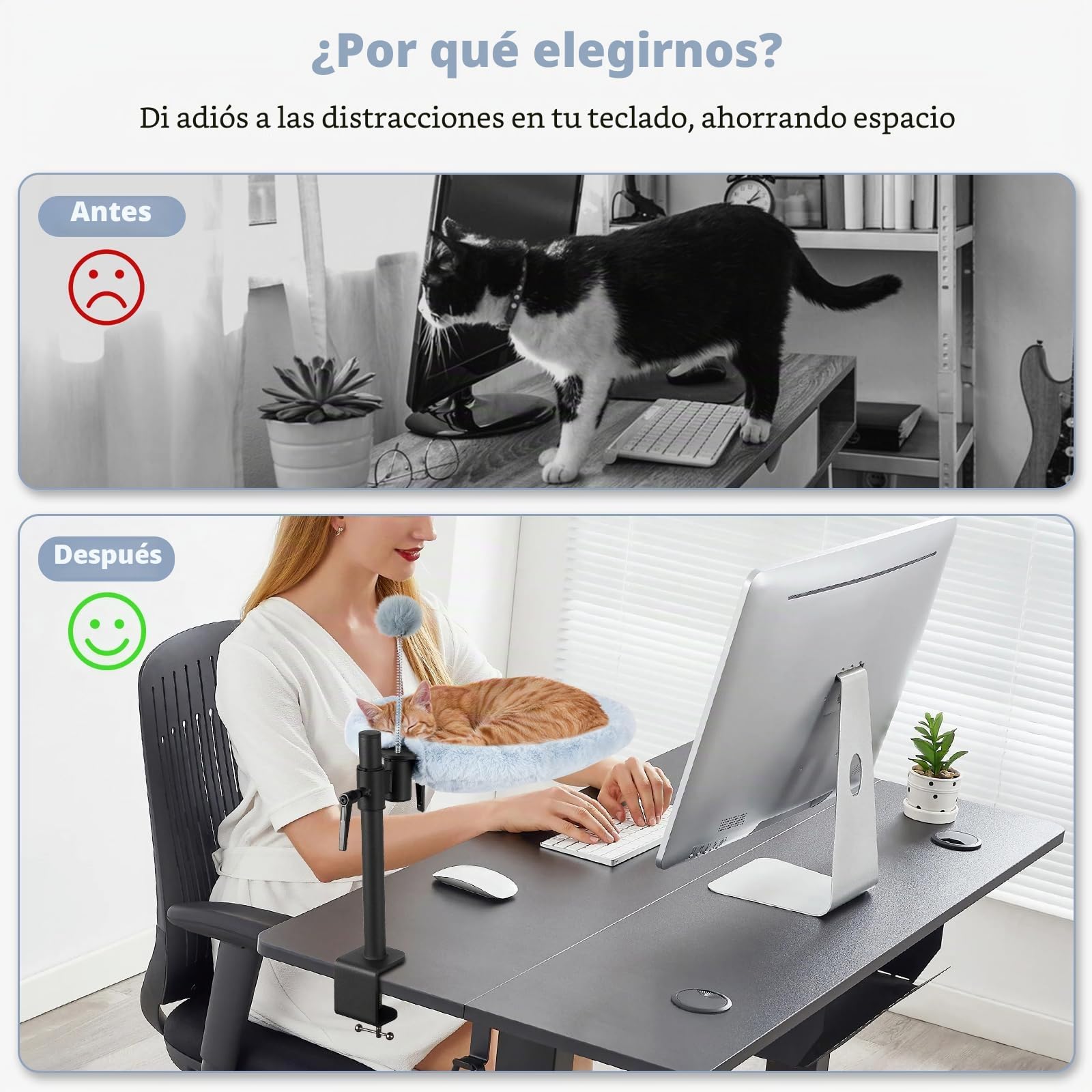 Odoland Cama para gatos para escritorio, hamaca ajustable giratoria de 360°, cómoda cama de escritorio suave para gatos con 2 telas lavables para todas las estaciones (gris)