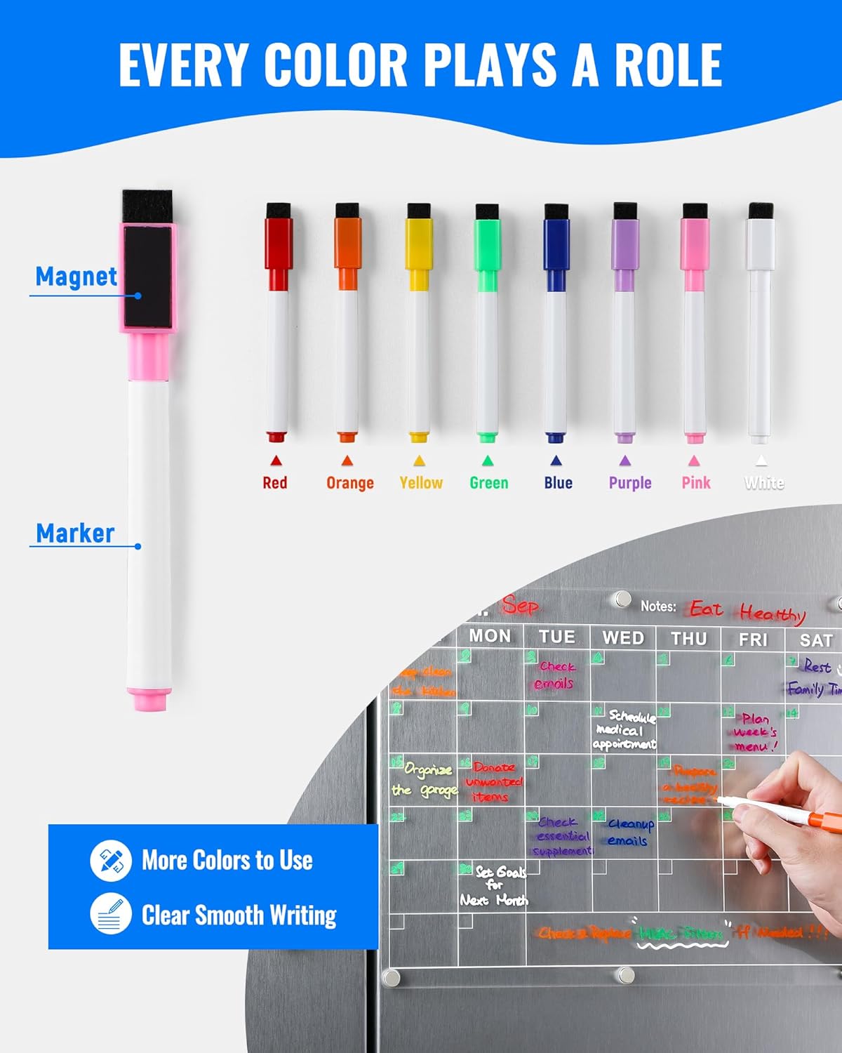 4 Pack Acrylic Magnetic Calendar for Refrigerator Set, Clear Monthly Weekly Daily Dry Erase Whiteboard for Fridge with 8 Color Markers, Meal Planner, Menu Board, Home Decor
