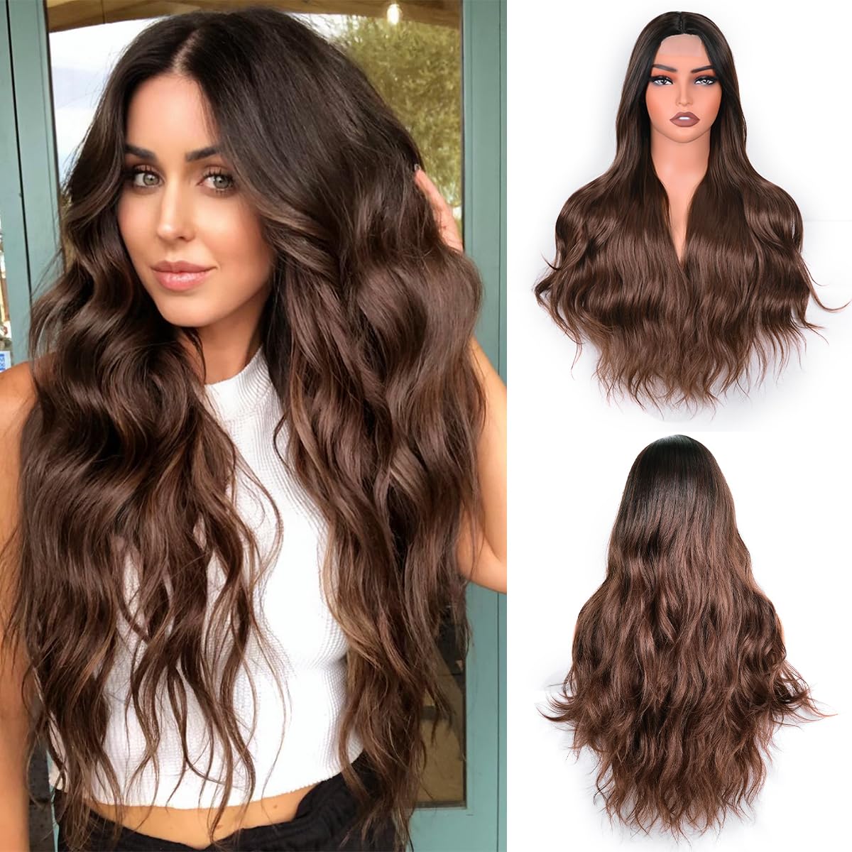 Vitorish Ombre Brown Wavy Wig for Women 28 Inch Synthetic Curly Middle Part Long Wig Small Lace Natural Looking Heat Resistant Fiber Wig for Daily
